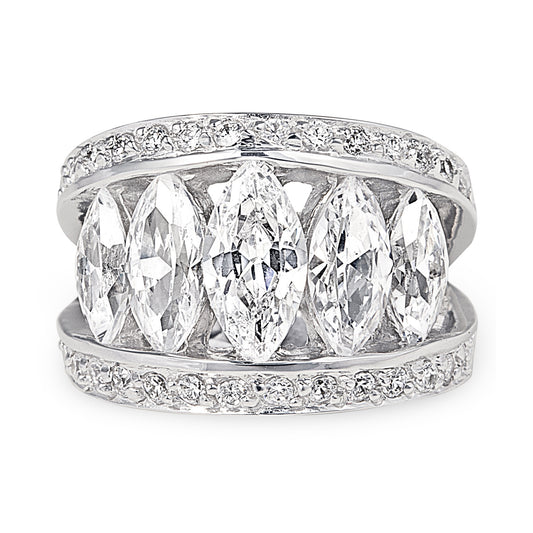Empress style 925 Sterling Silver Ring with five wonderful Marquee cut Cubic Zirconia stones captured between two bands containing tiny Cubic Zirconia stones for maximum bling. Worldwide shipping
