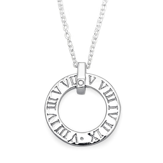 'O' shape Roman Bliss Necklace in 925 sterling silver and features our signature Roman numerals and a single cubic zirconia. Worldwide shipping. Affordable luxury jewellery by Bellagio & Co. 