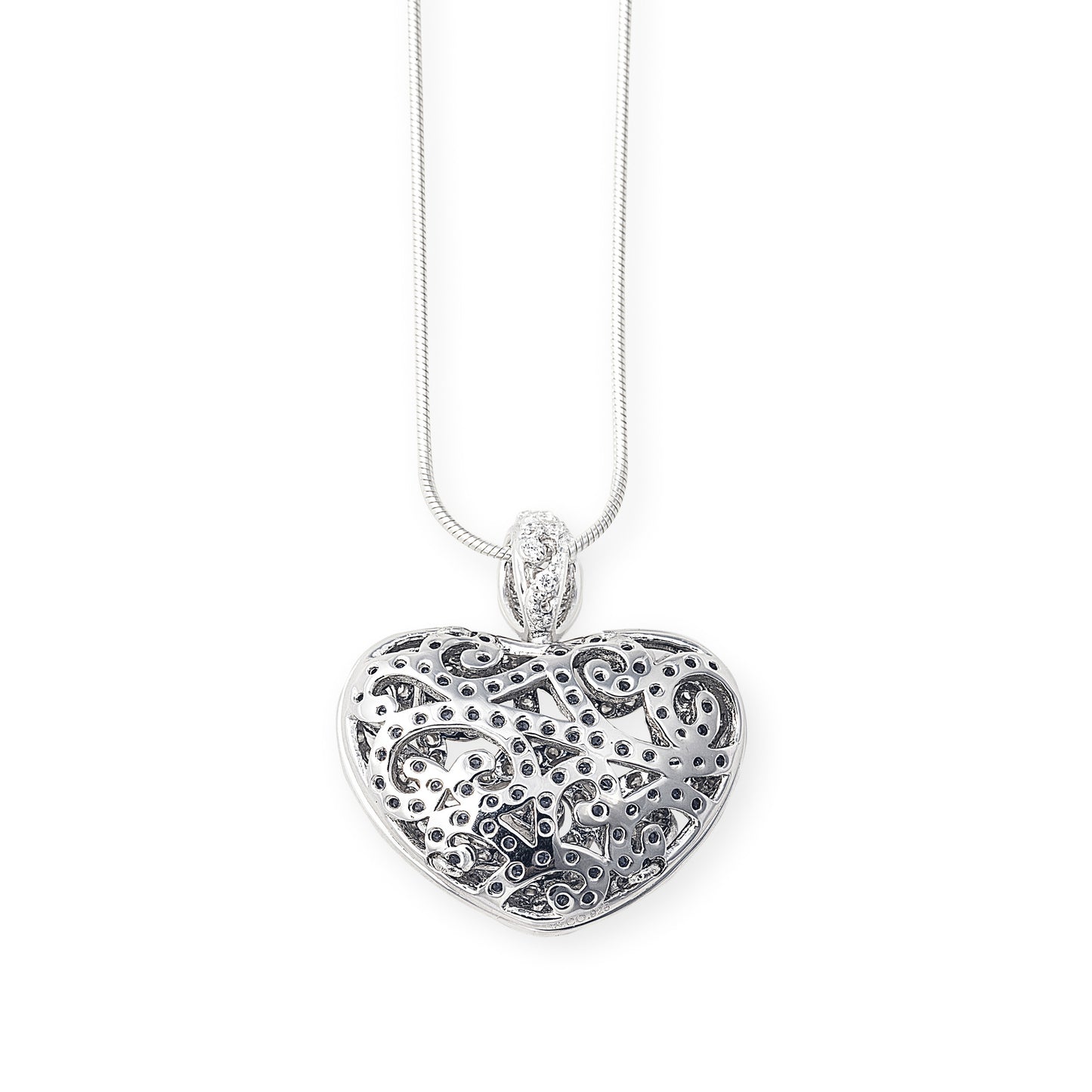 True Romance Necklace in 925 sterling silver. Hollow heart pendant encrusted with cubic zirconia stones. Showing rear view. Worldwide shipping.