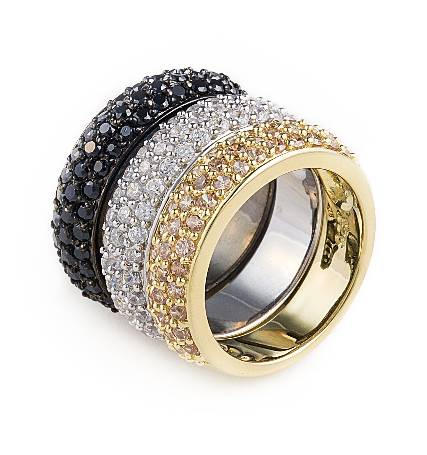 Omega Diva Rings. Set of 3 separate bands in 925 sterling silver, all with a pavé setting featuring clear, black or champagne cubic zirconia stones. Shop rings & affordable luxury jewellery by Bellagio & Co. Worldwide shipping