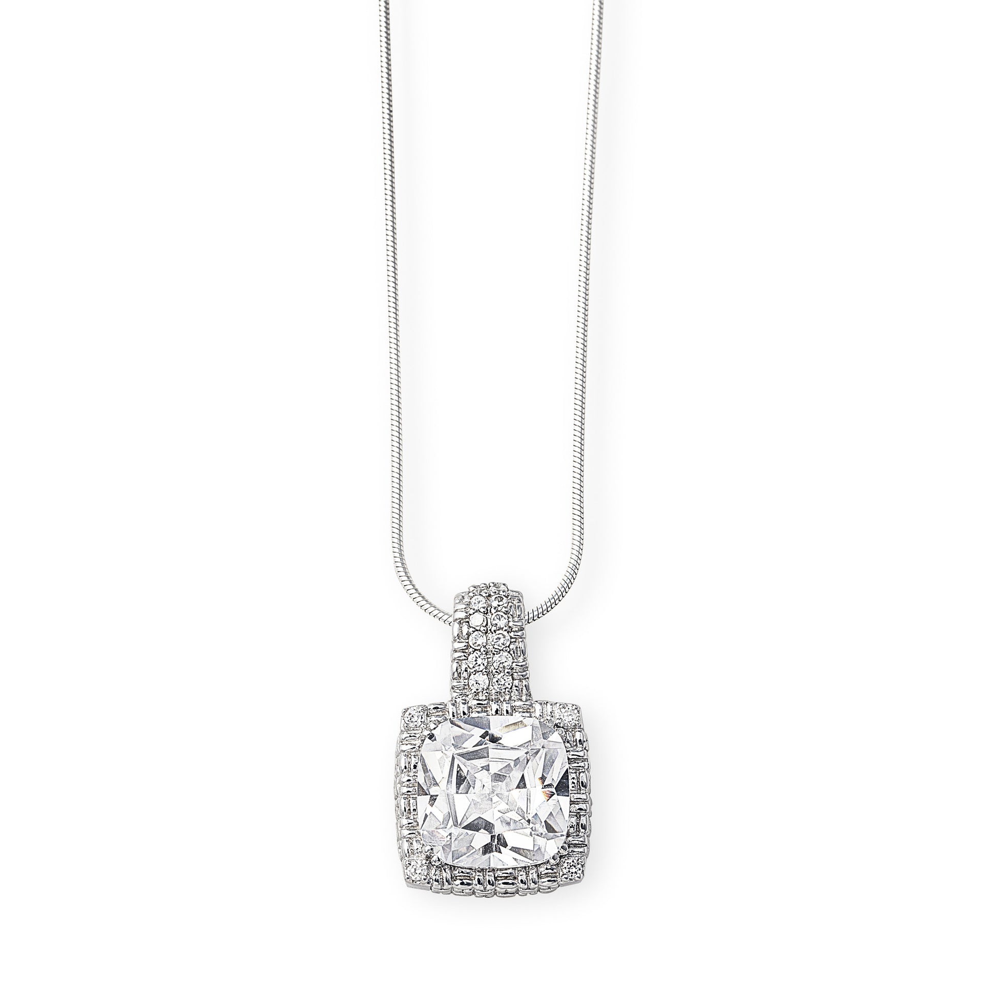Parisian-inspired Regina Necklace in 925 sterling silver with a large princess cut centre cubic zirconia stone surrounded by a woven silver design and small cubic zirconia stones. Luxury jewellery by Bellagio & Co. Worldwide shipping.