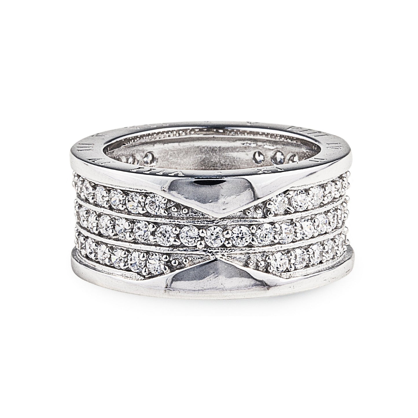 My Zion Ring in 925 sterling silver with three rows of cubic zirconia stones and engraved Roman numerals on the side. Jewellery by Bellagio & Co