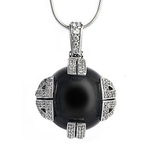 Stunning 925 Sterling Silver Necklace featuring a polished Black Onyx held in place with geometric claws encrusted with Cubic Zirconia stones. Matches our Onyx Secret Ring