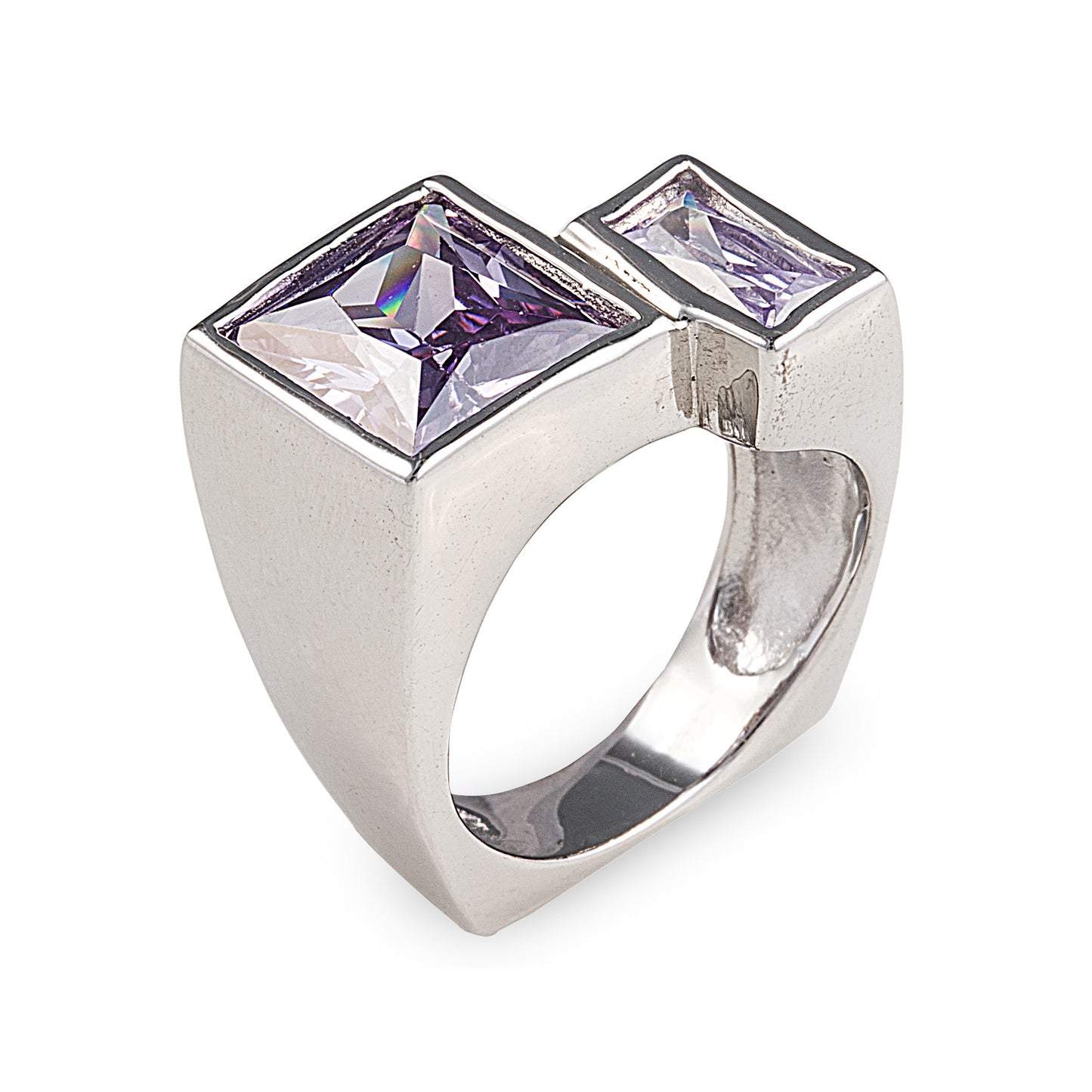 Amalfi Ring in 925 Sterling Silver featuring two purple princess cut stones set into a modern asymmetric design. Worldwide shipping. Jewellery by Bellagio & Co.