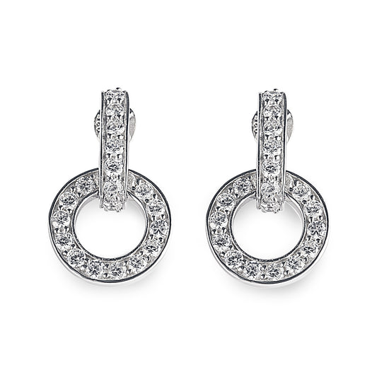 Angelina Drop Earrings in 925 sterling silver feature a spinning circle encrusted with sparkling cubic zirconia stones. Worldwide shipping. Luxury jewellery by Bellagio & Co.