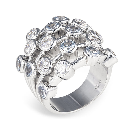 The Azure Mare Ring is a unique 925 sterling silver ring inspired by the blue ocean. This ring features a pattern created with 'set in' blue and standard clear cubic zirconia stones. Worldwide shipping