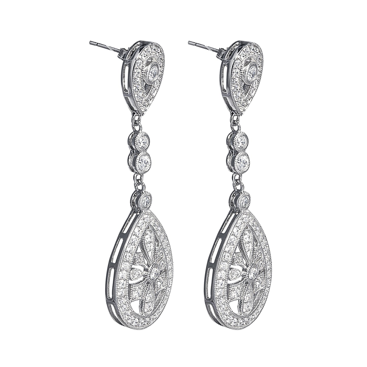 Chandelier Drop Earrings in 925 sterling silver, cubic zirconia stones in an elaborate chandelier design. Worldwide shipping from Australia. Special occasion jewellery by Bellagio & Co.