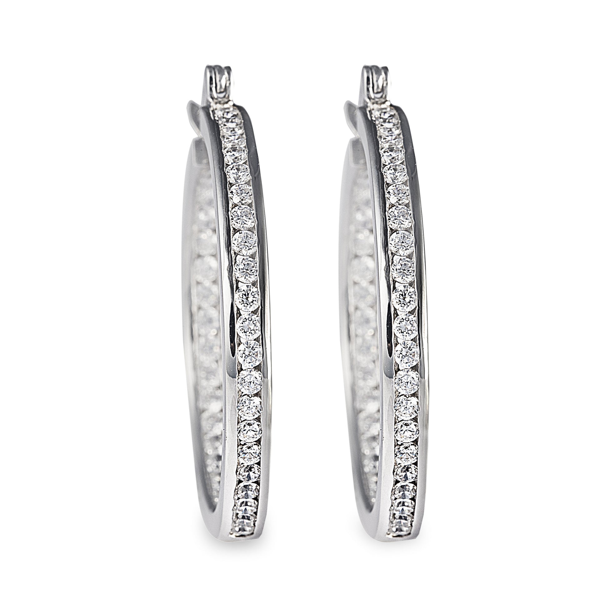 Large Chanelle Hoop Earrings in 925 Sterling Silver with Cubic Zirconia Stones. Worldwide shipping. Affordable luxury jewellery by Bellagio & Co.