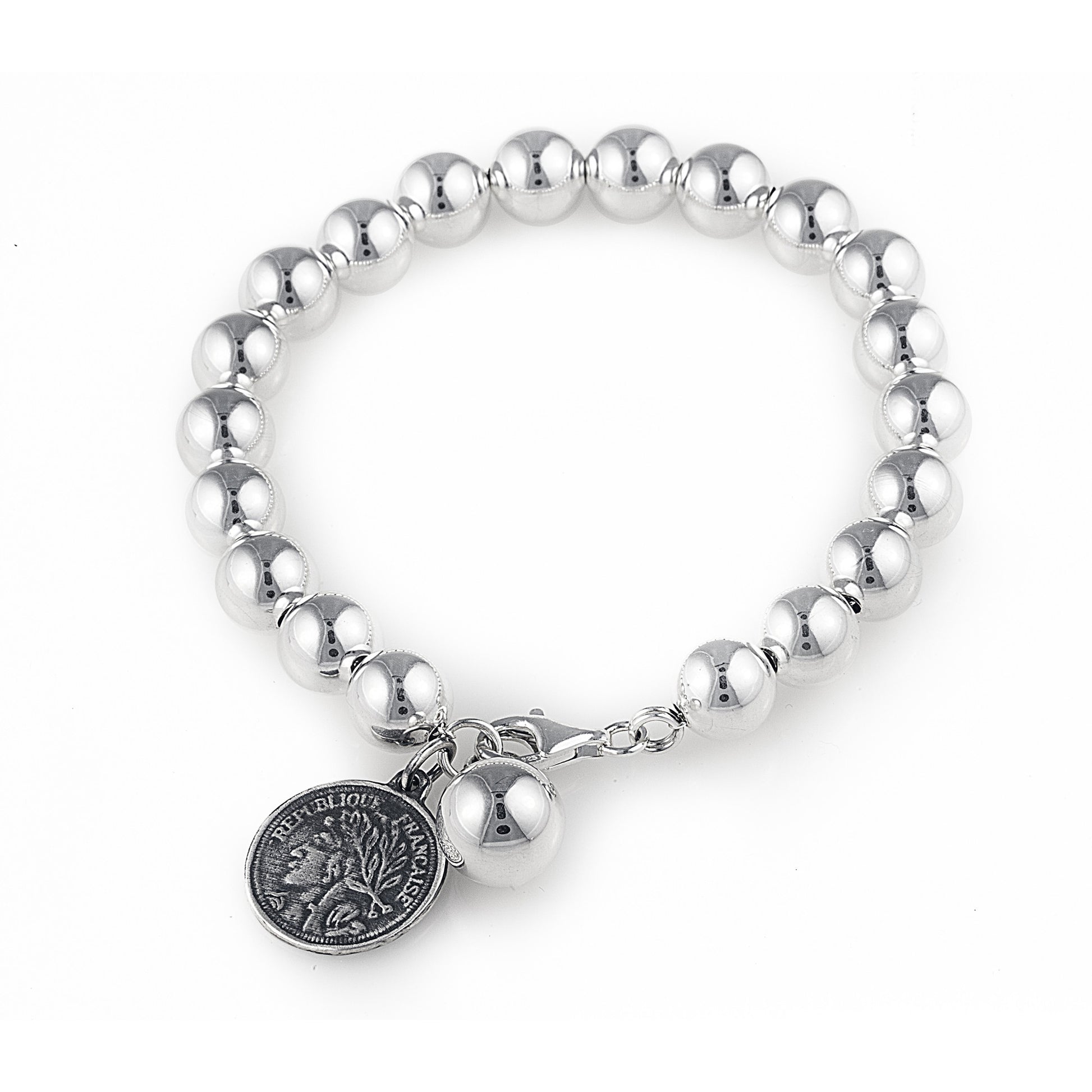 Stunning 10mm Silver beads thread onto a sturdy chain for ladies who want a modern take on the classic pearl bracelet. The bracelet features a silver ball our coin charm. The length of the bracelet is approximately 21.5cm in length. Suitable for large size wrists.