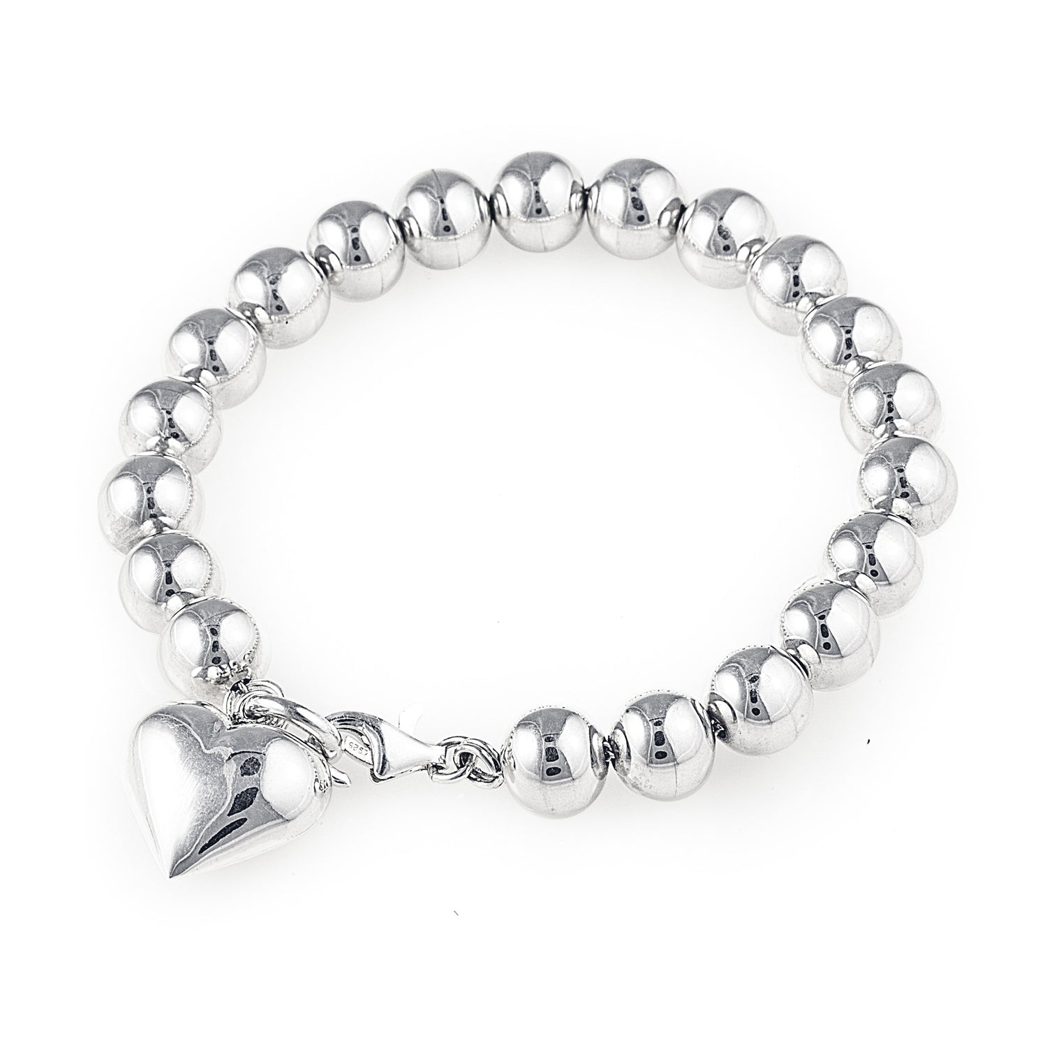 Contessa Bracelet is made of 10mm 925 sterling silver beads threaded onto a sturdy chain for those who want a modern take on the classic pearl bracelet. The bracelet features a silver heart charm. Worldwide Shipping