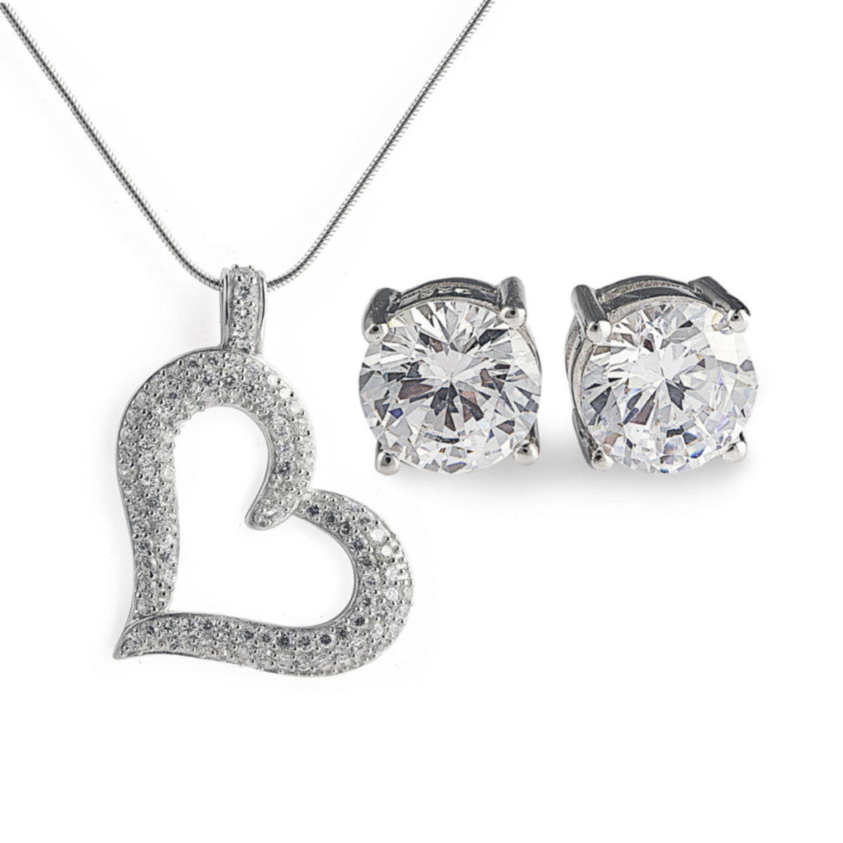 Diamond Heart Gift Set in 925 sterling silver with a necklace and stud earrings with cubic zirconia. Worldwide shipping from Australia. Affordable luxury jewellery by Bellagio & Co.