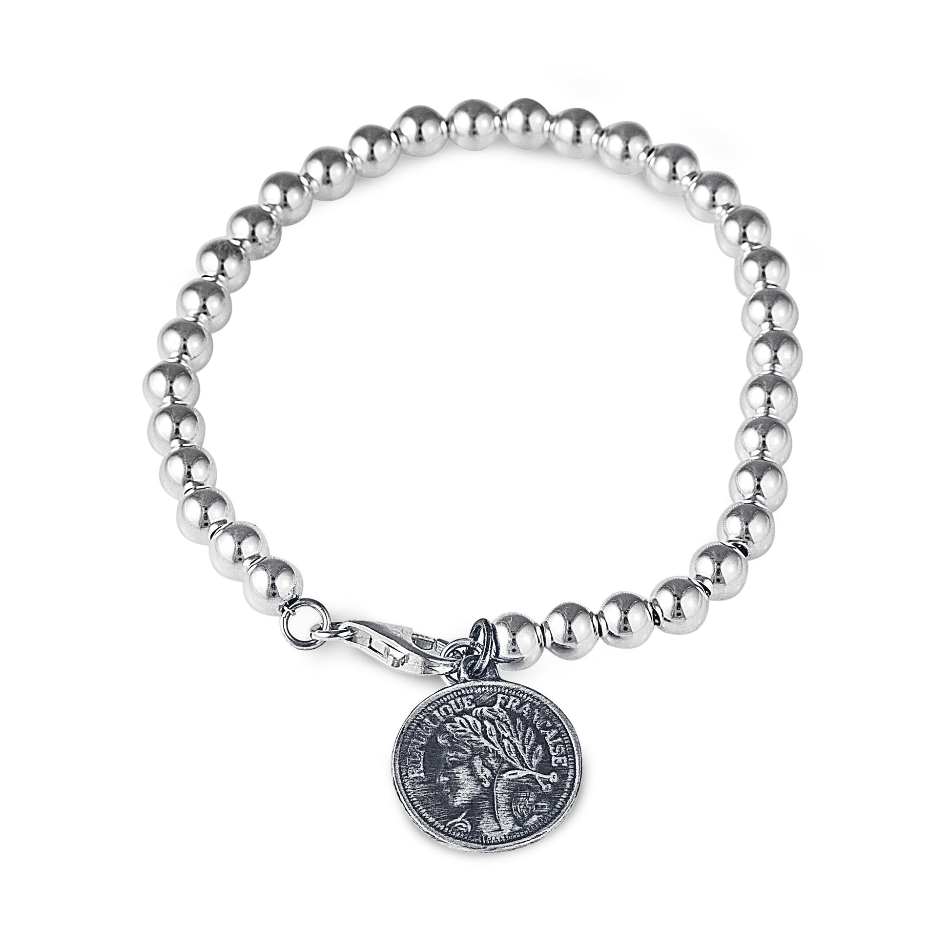 Diva Bracelet in 925 Sterling Silver - Ball Beads with Coin Charm. World wide shipping.