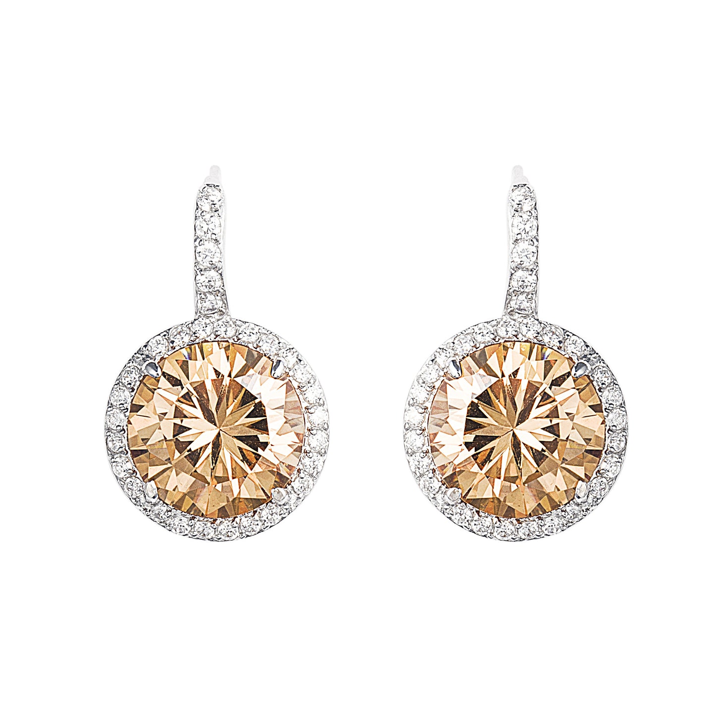 Hanging 925 Sterling Silver earrings featuring a Large Regal Champagne Stone and antique closing mechanism.