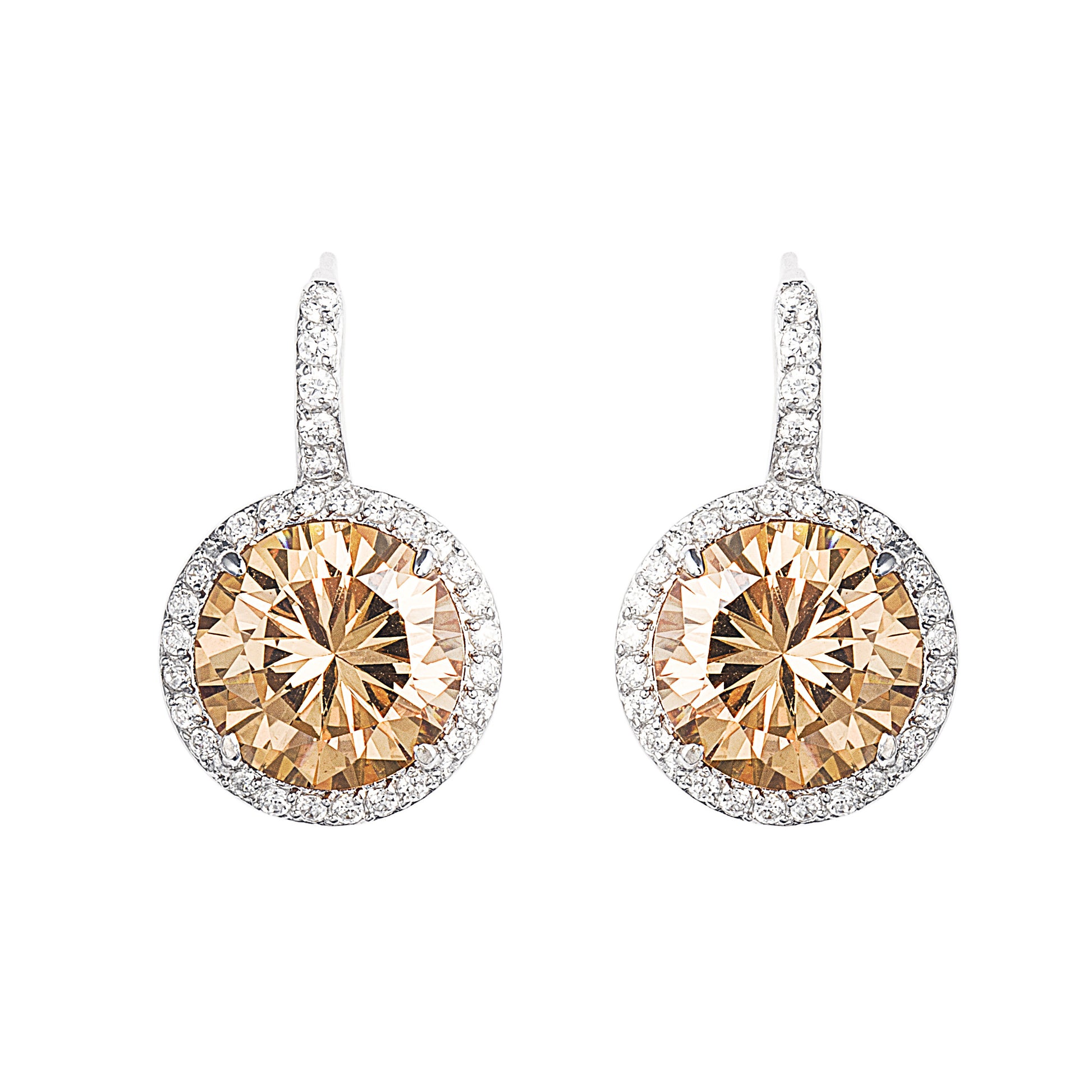 Hanging 925 Sterling Silver earrings featuring a Large Regal Champagne Stone and antique closing mechanism.