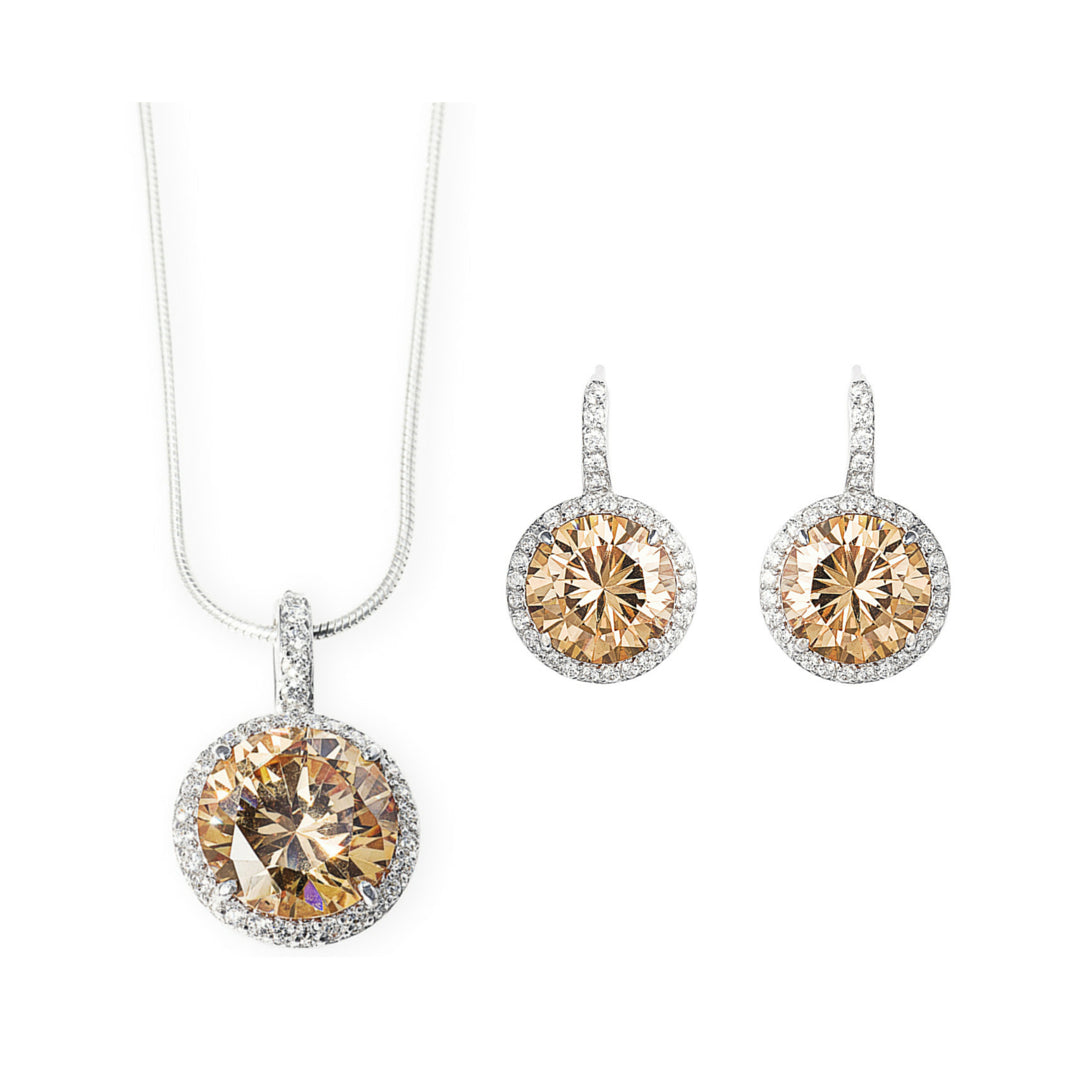 Beautiful Empire Jewellery Set with a necklace and matching earrings. Made of 925 sterling silver with champagne coloured cubic zirconia. Worldwide Shipping. Affordable luxury jewellery by Bellagio & Co.