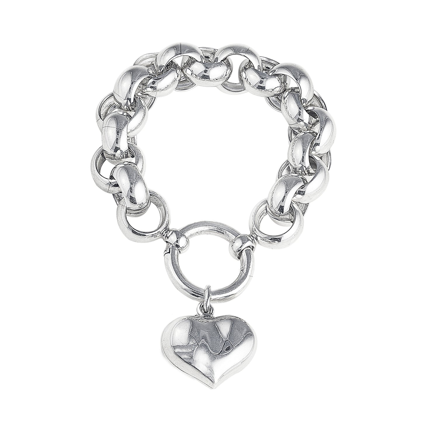 Chunky/Thick Belcher Style "European Love Story Bracelet" in 925 Sterling Silver with Heart Charm. Worldwide shipping