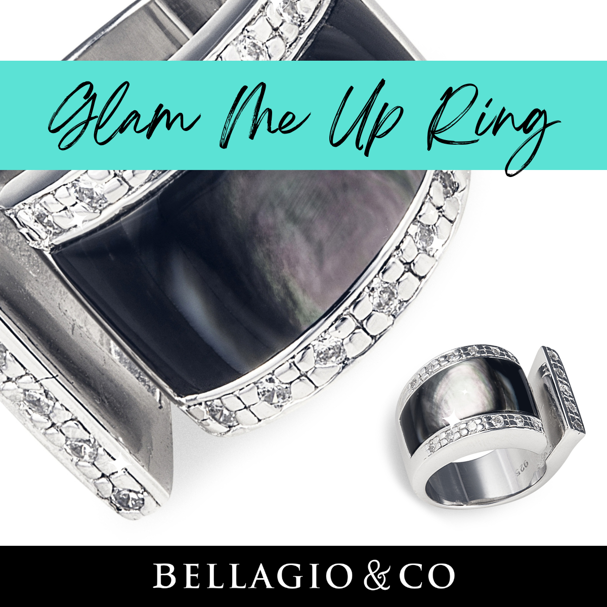 Glam Me Up Ring in 925 Sterling Silver with Mother of Pearl and Cubic Zirconia Stones. Open ring style with asymmetric design. Worldwide shipping + FREE shipping Australia wide. 