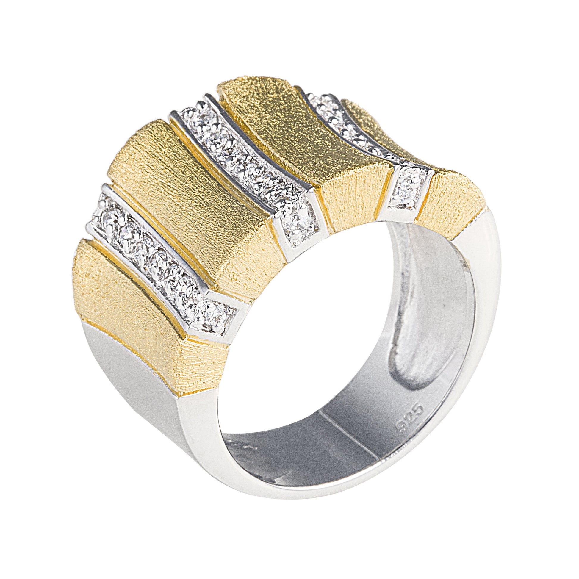 Gold Fusion Ring in 925 sterling silver with brushed gold overlay in a mix of gold and silver with 3 rows of cubic zirconia. Worldwide shipping. Affordable luxury jewellery by Bellagio & Co.