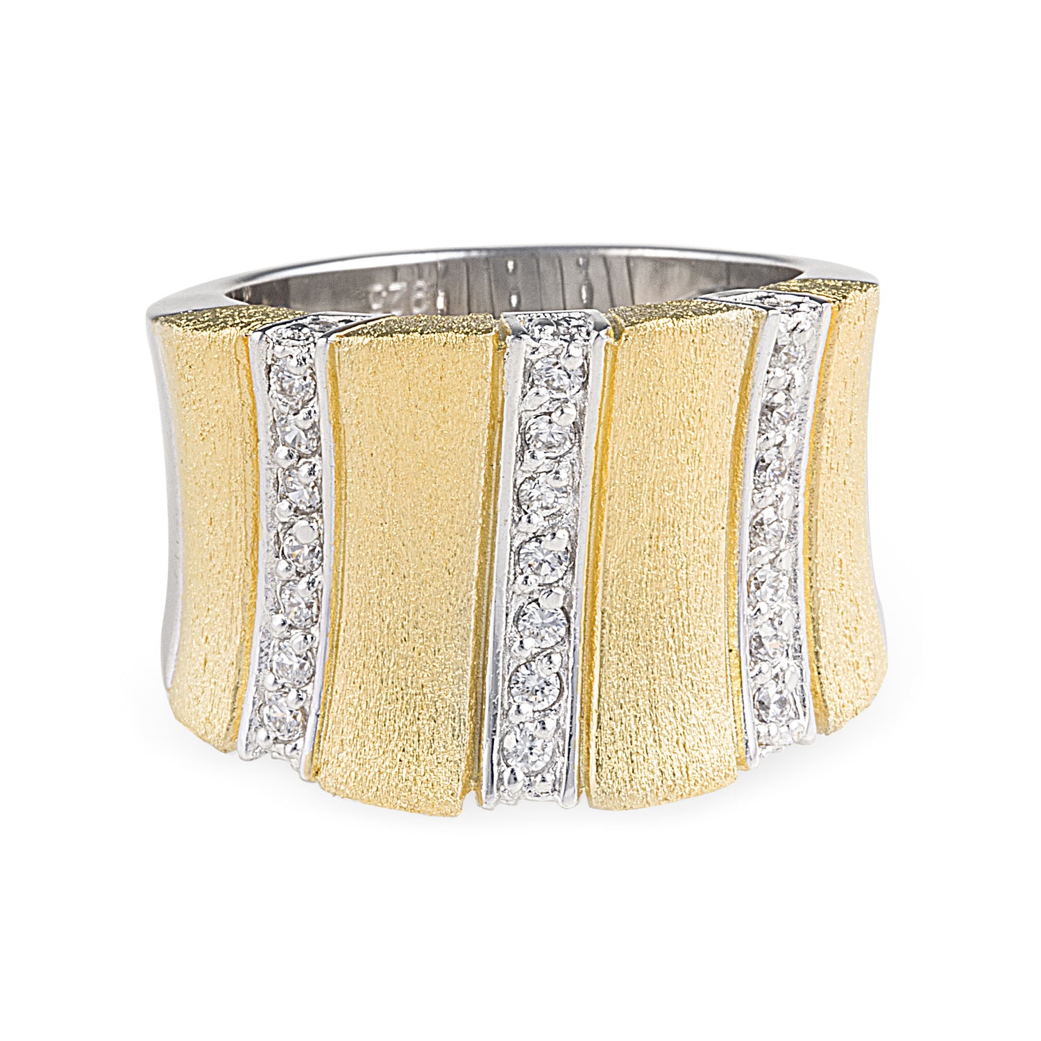 Gold Fusion Ring in 925 sterling silver with brushed gold overlay in a mix of gold and silver with 3 rows of cubic zirconia. Worldwide shipping. Affordable luxury jewellery by Bellagio & Co.