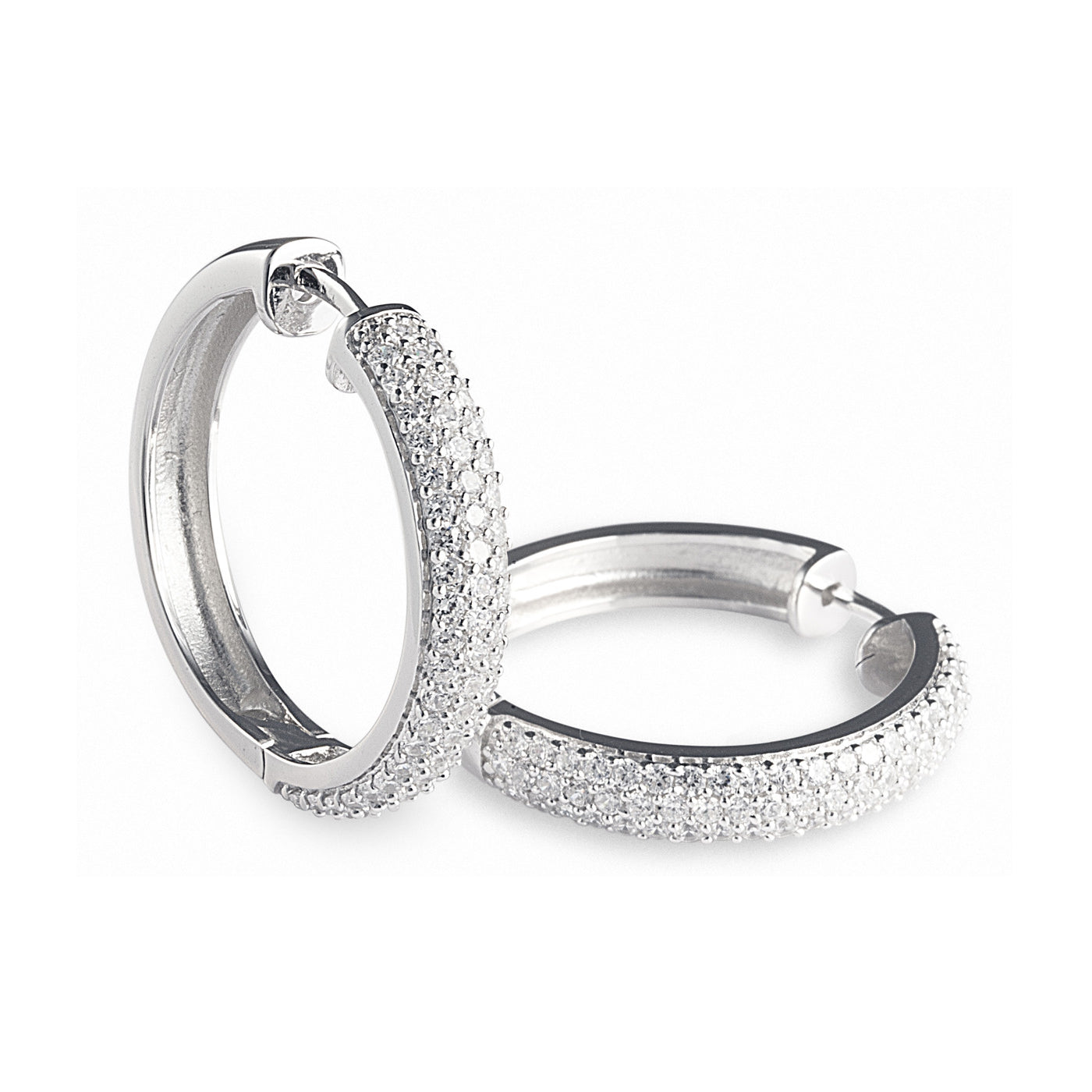 J-Lo Hoop Earrings - Elegant medium-sized 925 sterling silver hoops that are encrusted with sparkling cubic zirconia stones in a stunning pavé setting. 