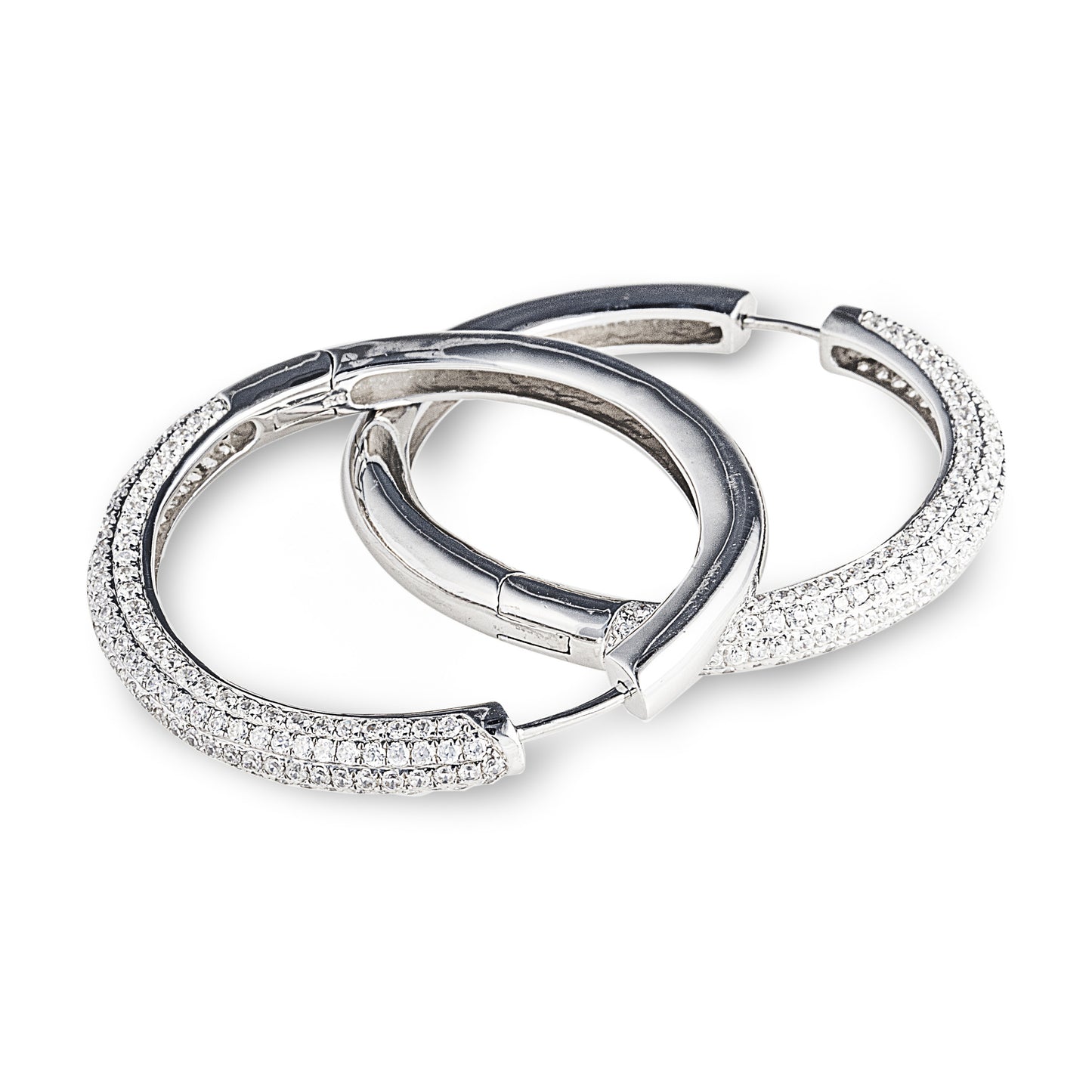 large-sized J-Lo Hoop Earrings in 925 Sterling Silver with 9ct white gold posts, featuring pavé set cubic zirconia stones. Worldwide Shipping. Affordable luxury jewellery by Bellagio & Co.