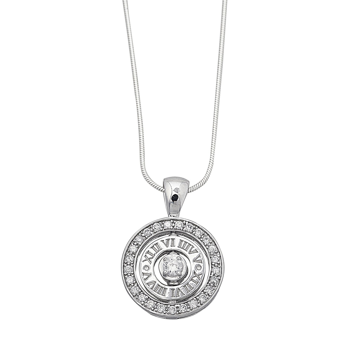 Juicy Lou Necklace features spinning parts that enable to you create several looks. The rings on the pendant contain cubic zirconia stones and our signature Roman numerals. Worldwide shipping. Affordable luxury jewellery by Bellagio & Co.