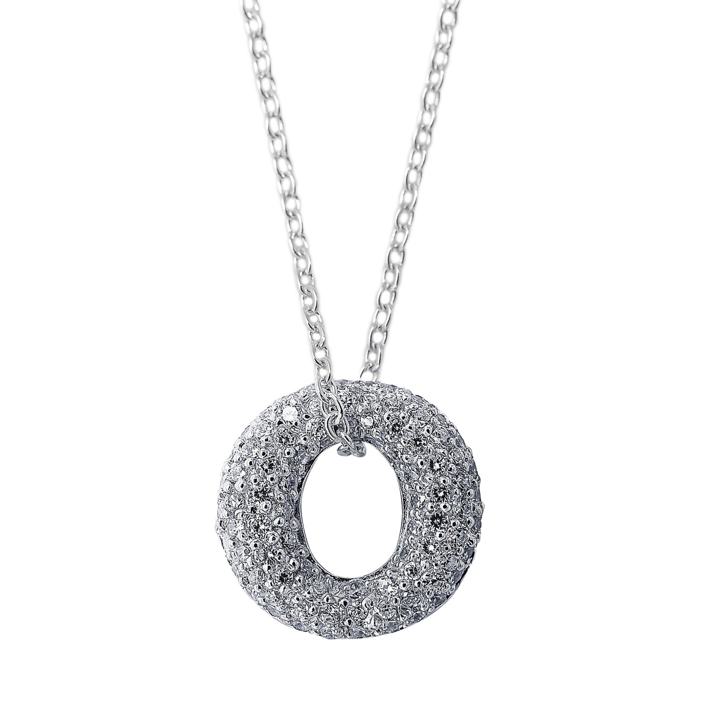 Lana Me Necklace, O Shape Pendant, in 925 Sterling Silver with Cubic Zirconia Stones on one side and plain silver on the other for different looks. Worldwide shipping. Affordable luxury jewellery by Bellagio & Co.