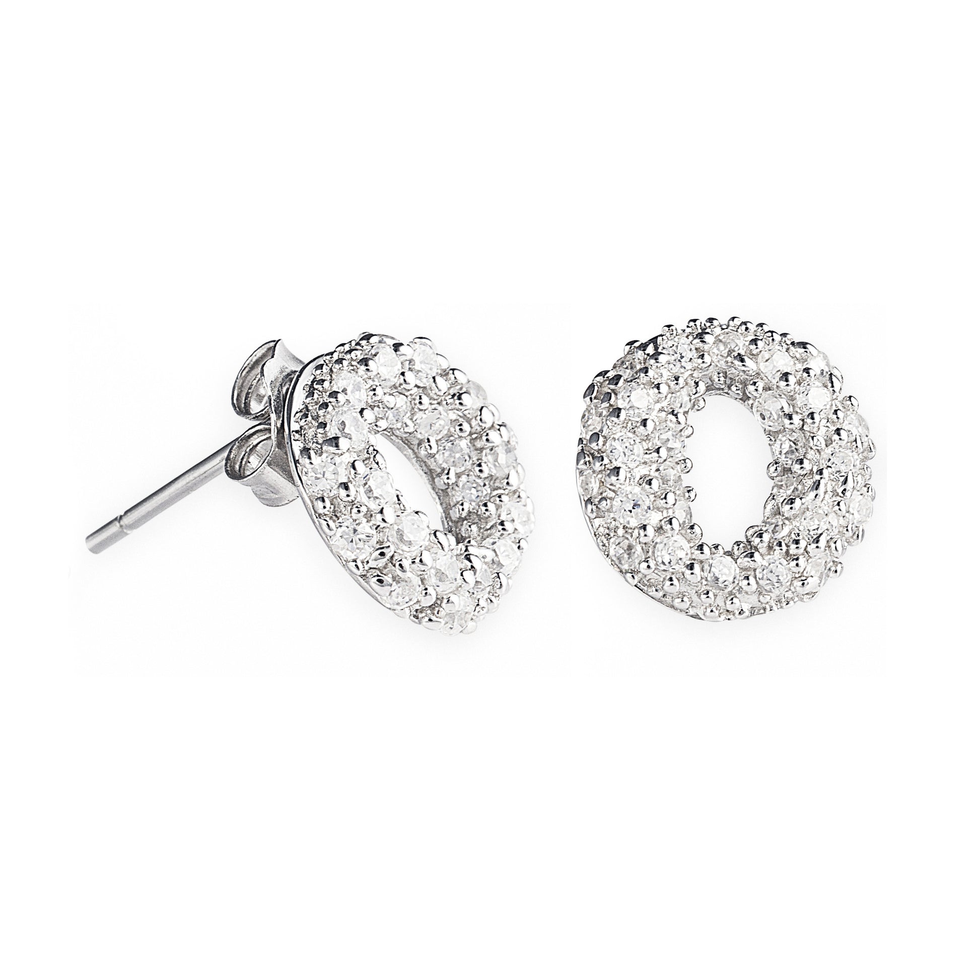 Lana Sparkly Stud Earrings in 925 Sterling Silver in 'O' Shape with Cubic Zirconia. Worldwide Shipping.