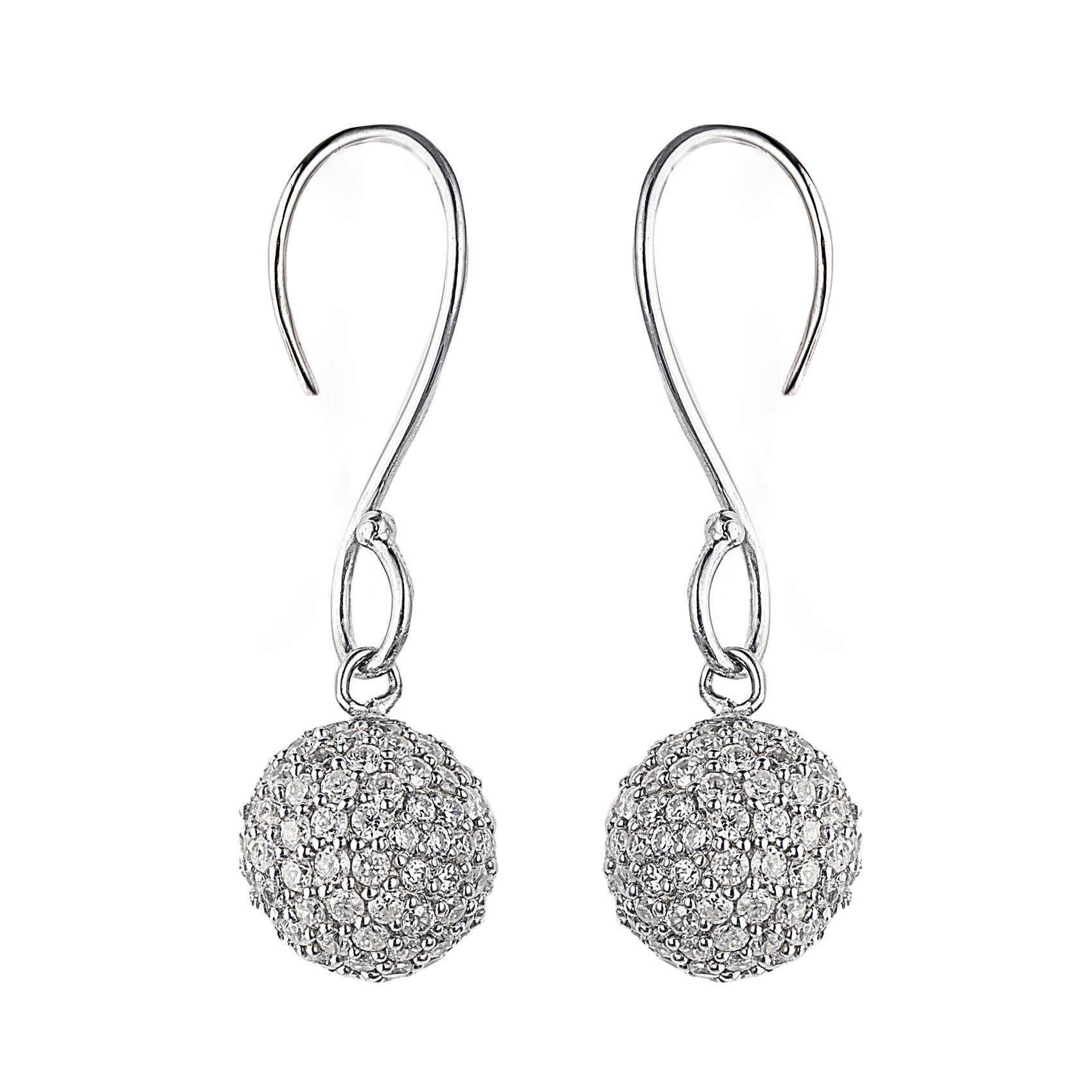 Elegant Parisian 925 Ball drop earrings encrusted with Cubic Zirconia Stones. Matches our Bella Ball Necklace. Worldwide Shipping.
