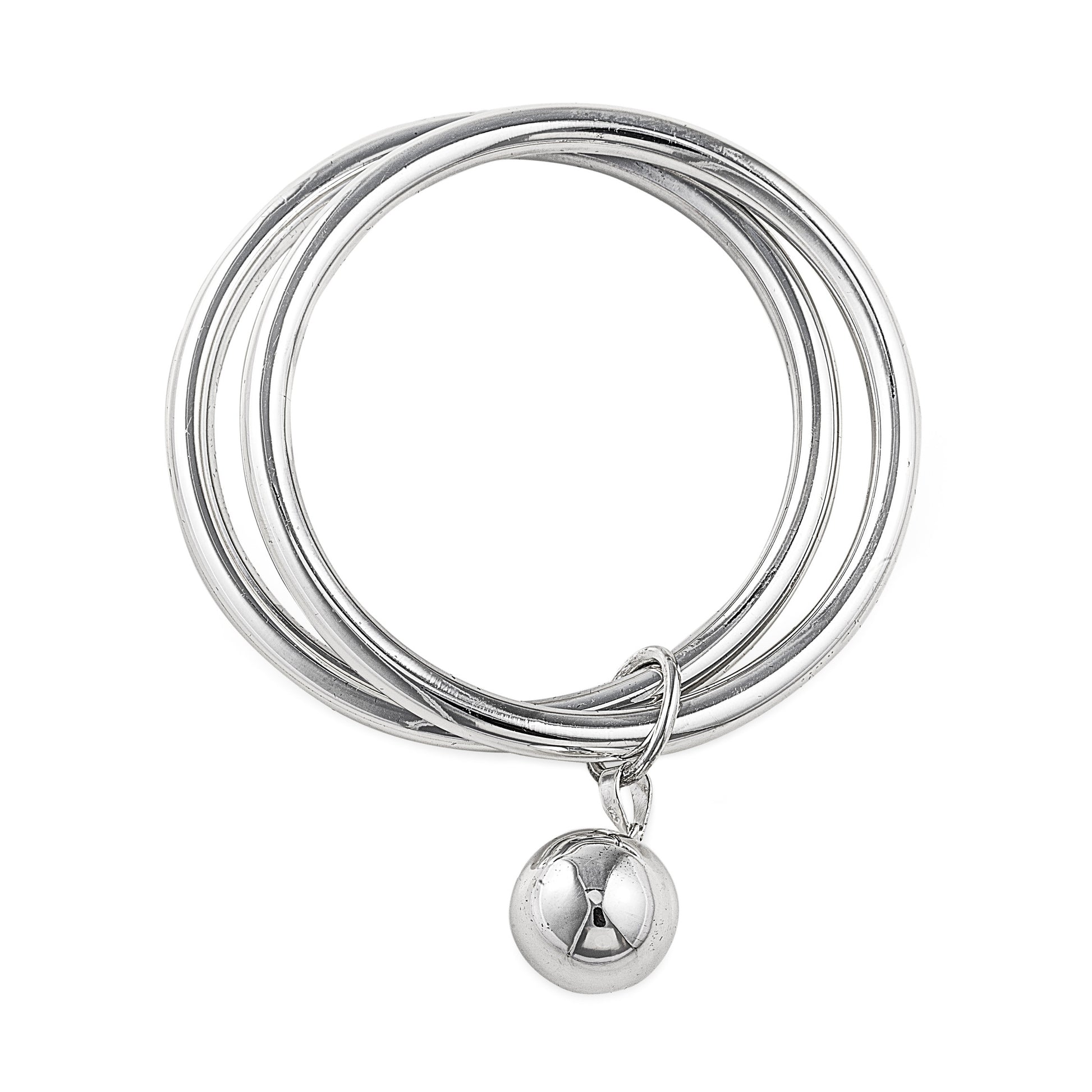 Luna Eclipse Bangle in 925 Sterling Silver & Large Silver Ball Charm. Made up of 2 separate bangles connected by a silver loop. Worldwide shipping. Affordable luxury jewellery by Bellagio & Co.