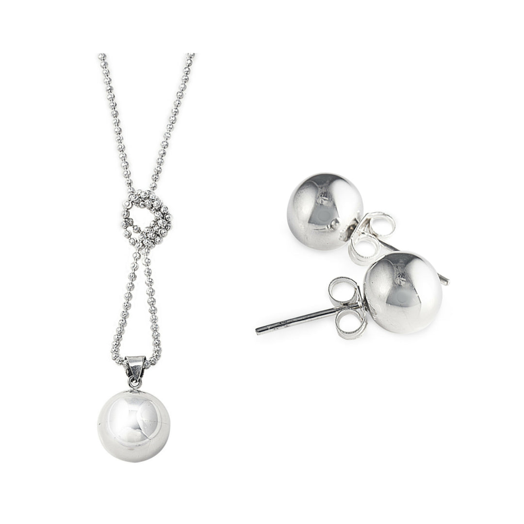 Luxurious Harmony Villa Set in 925 Sterling Silver. Long ball necklace and matching stud earrings. Worldwide shipping from Australia. Affordable luxury jewellery by Bellagio & Co.