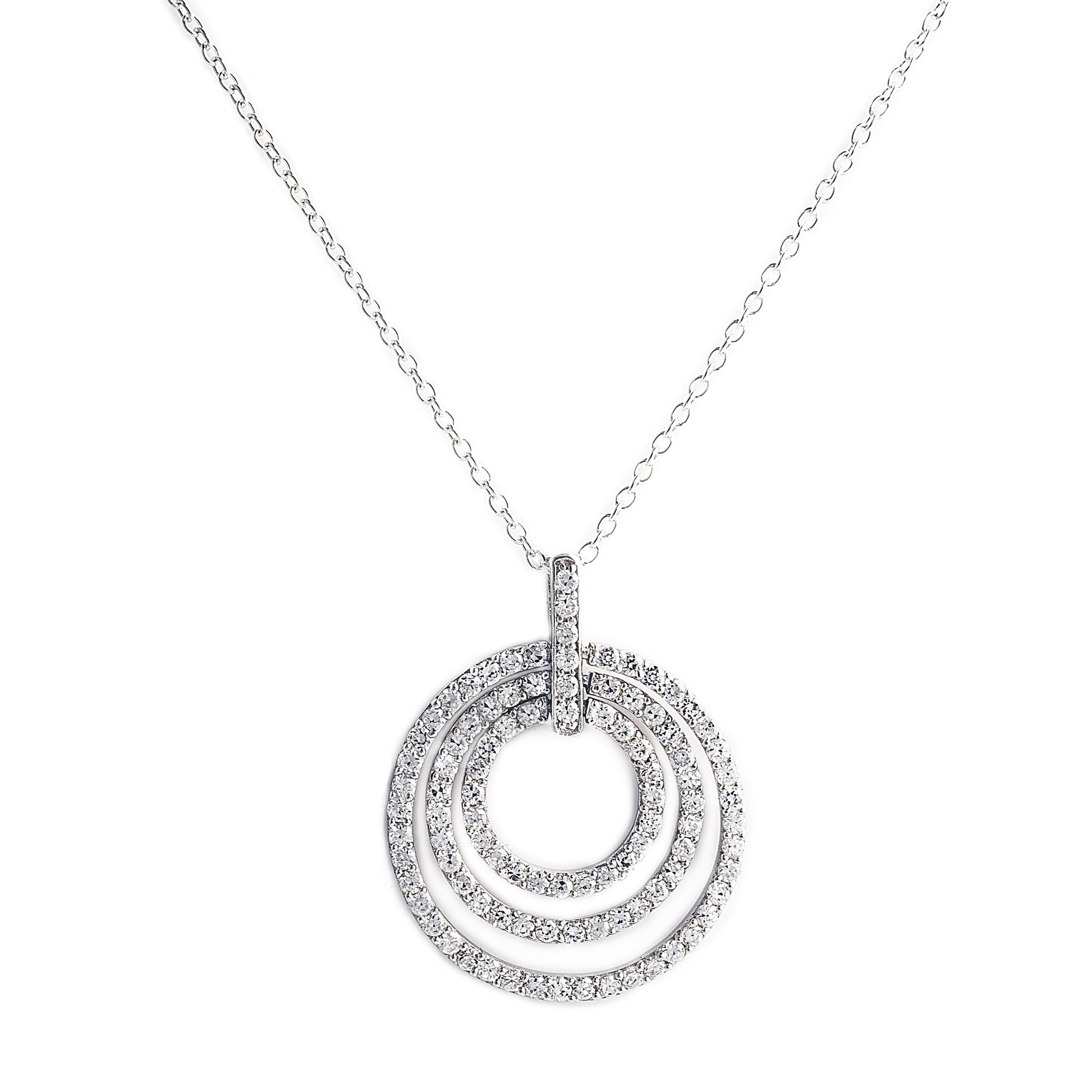 Mariah Necklace in 925 Sterling Silver, with three rings encrusted with cubic zirconia stones. Worldwide shipping. Affordable luxury jewellery by Bellagio & Co.