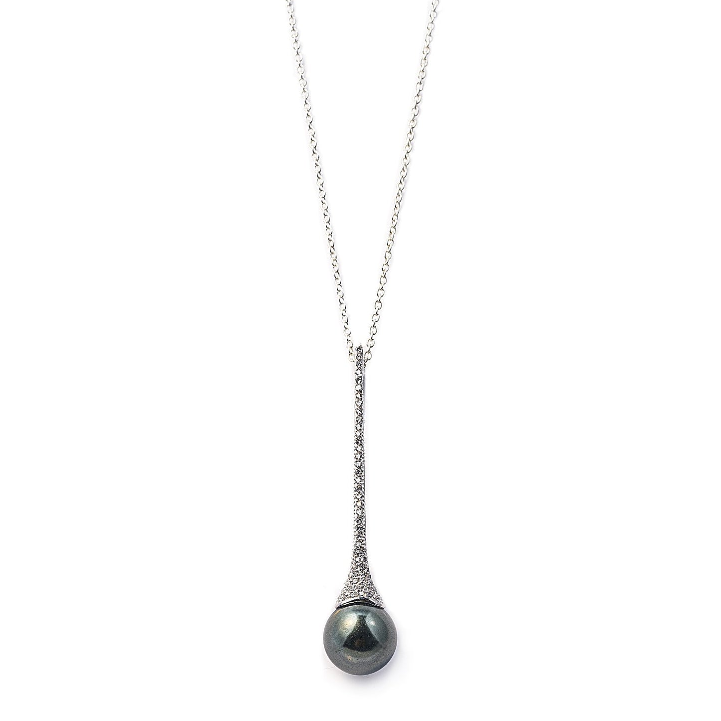 The Pearl Spear Necklace is a stunning ocean inspired spear pendant encrusted with Cubic Zirconia stones holding a single black pearl. Worldwide shipping. Affordable luxury jewellery by Bellagio & Co.
