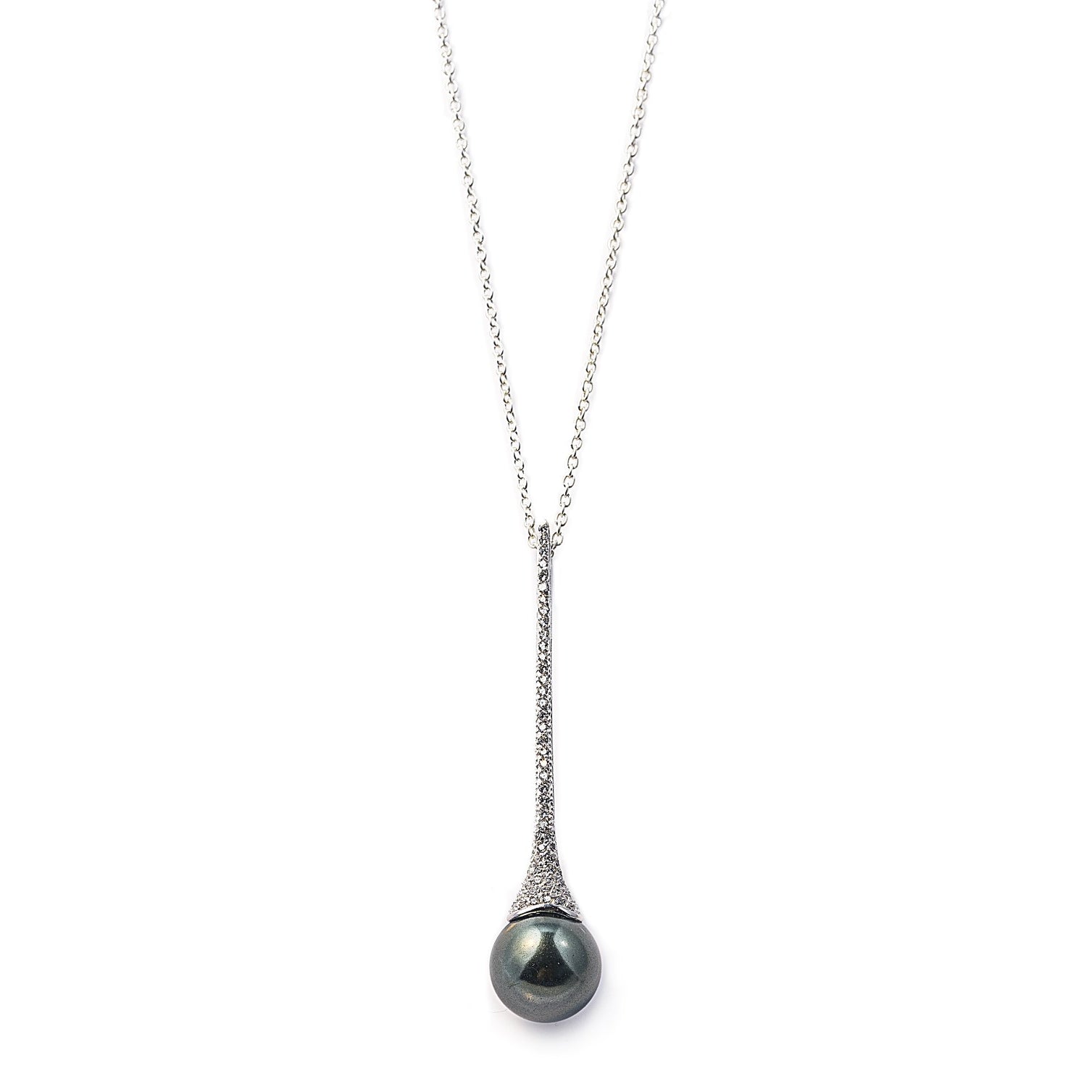 The Pearl Spear Necklace is a stunning ocean inspired spear pendant encrusted with Cubic Zirconia stones holding a single black pearl. Worldwide shipping. Affordable luxury jewellery by Bellagio & Co.