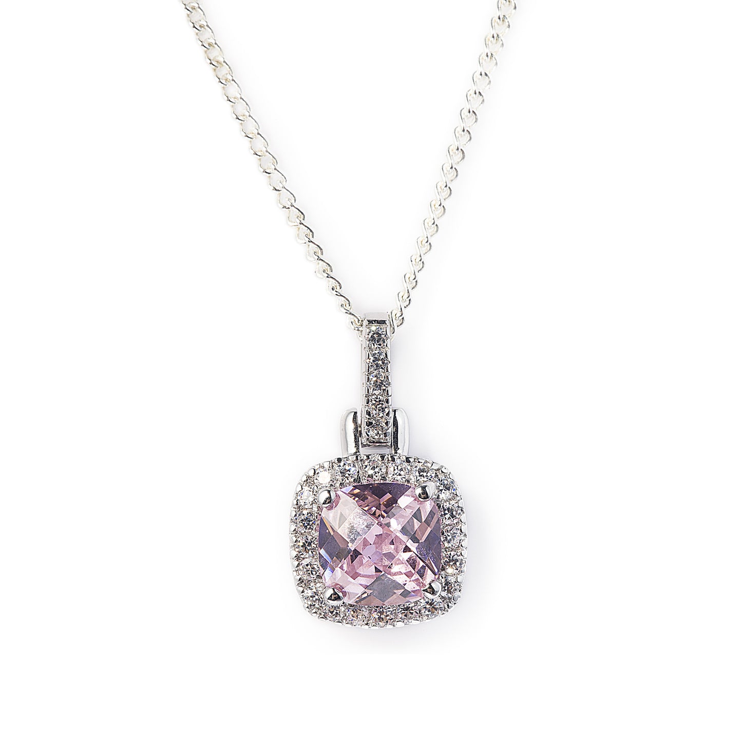 Pink Princess Necklace in 925 Sterling Silver with Pink & Clear Cubic Zirconia. Matching ring available. Worldwide shipping. Affordable luxury jewellery by Bellagio & Co.