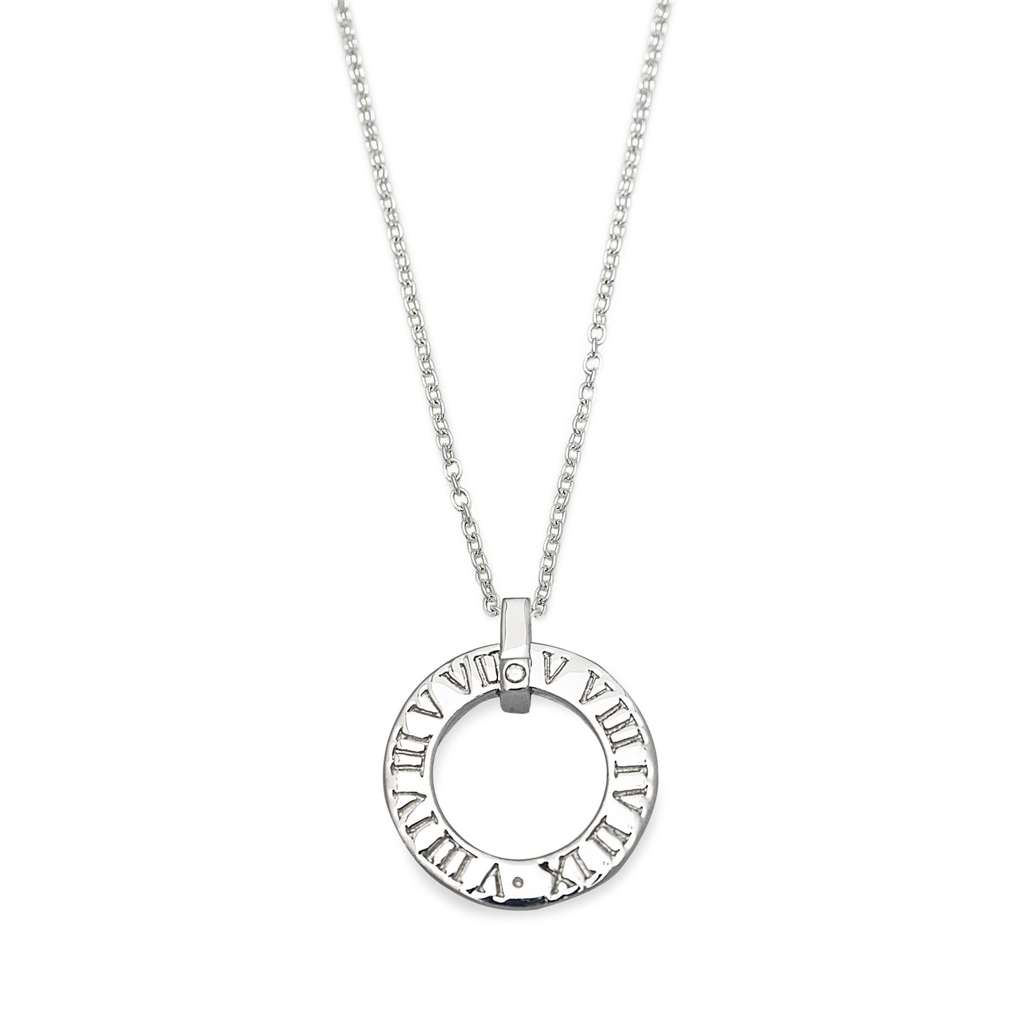 'O' shape Roman Bliss Necklace in 925 sterling silver and features our signature Roman numerals and a single cubic zirconia. Worldwide shipping. Affordable luxury jewellery by Bellagio & Co.