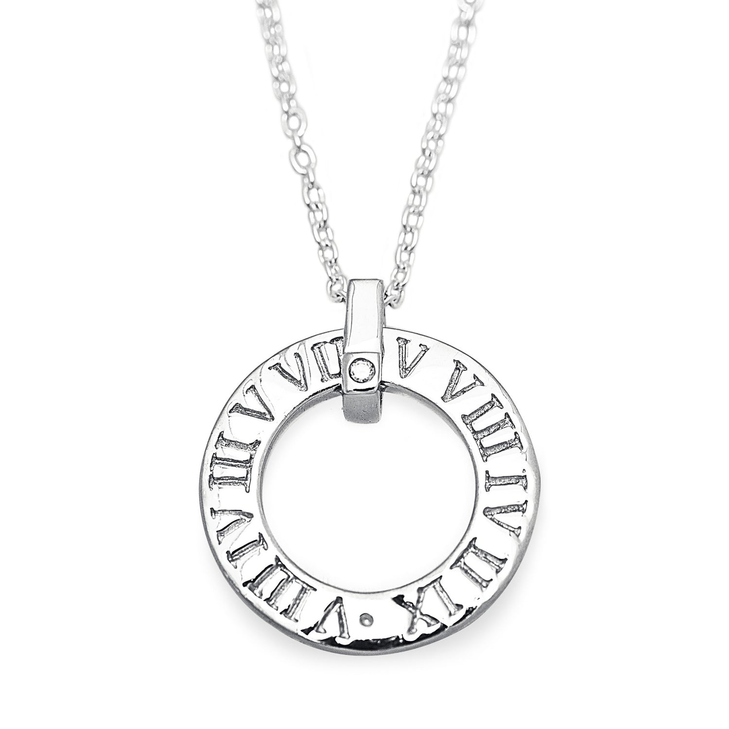 'O' shape Roman Bliss Necklace in 925 sterling silver and features our signature Roman numerals and a single cubic zirconia. Worldwide shipping. Affordable luxury jewellery by Bellagio & Co. 
