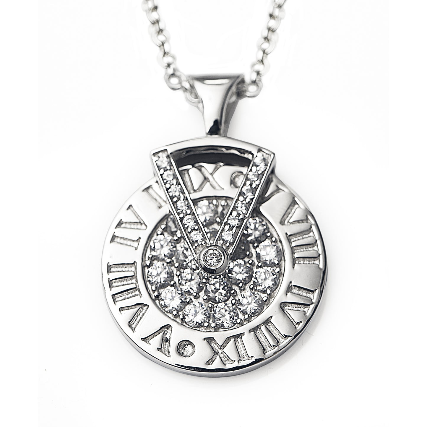 Roman Sundial Necklace in 925 sterling silver with a moving a sundial. The necklace is embedded with cubic zirconia stones surrounded by our signature Roman Numerals. Worldwide Shipping. Affordable luxury jewellery by Bellagio & Co.