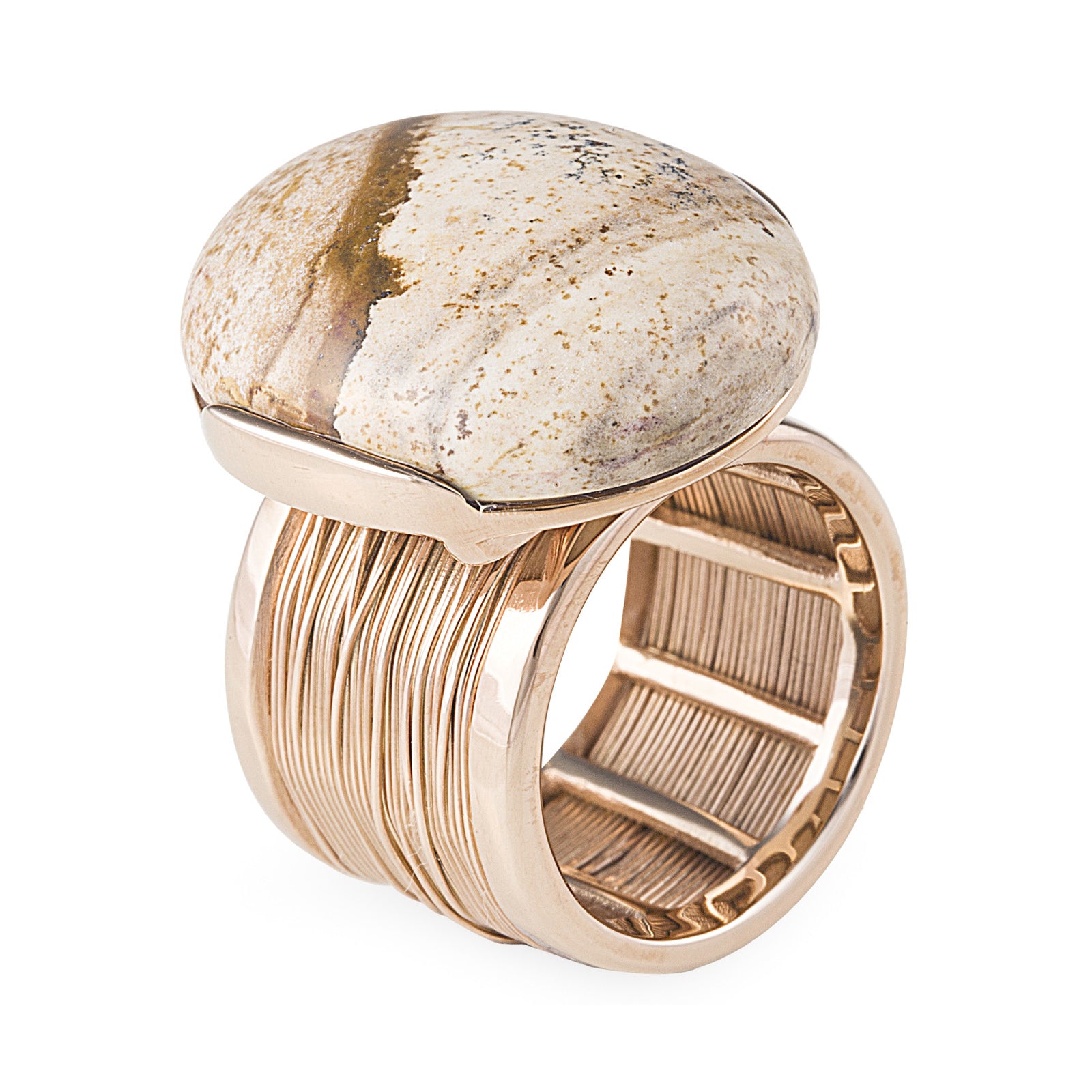 Sahara Ring in Rose Gold with Polished Natural Desert Stone. Worldwide Shipping. Affordable luxury jewellery by Bellagio & Co.