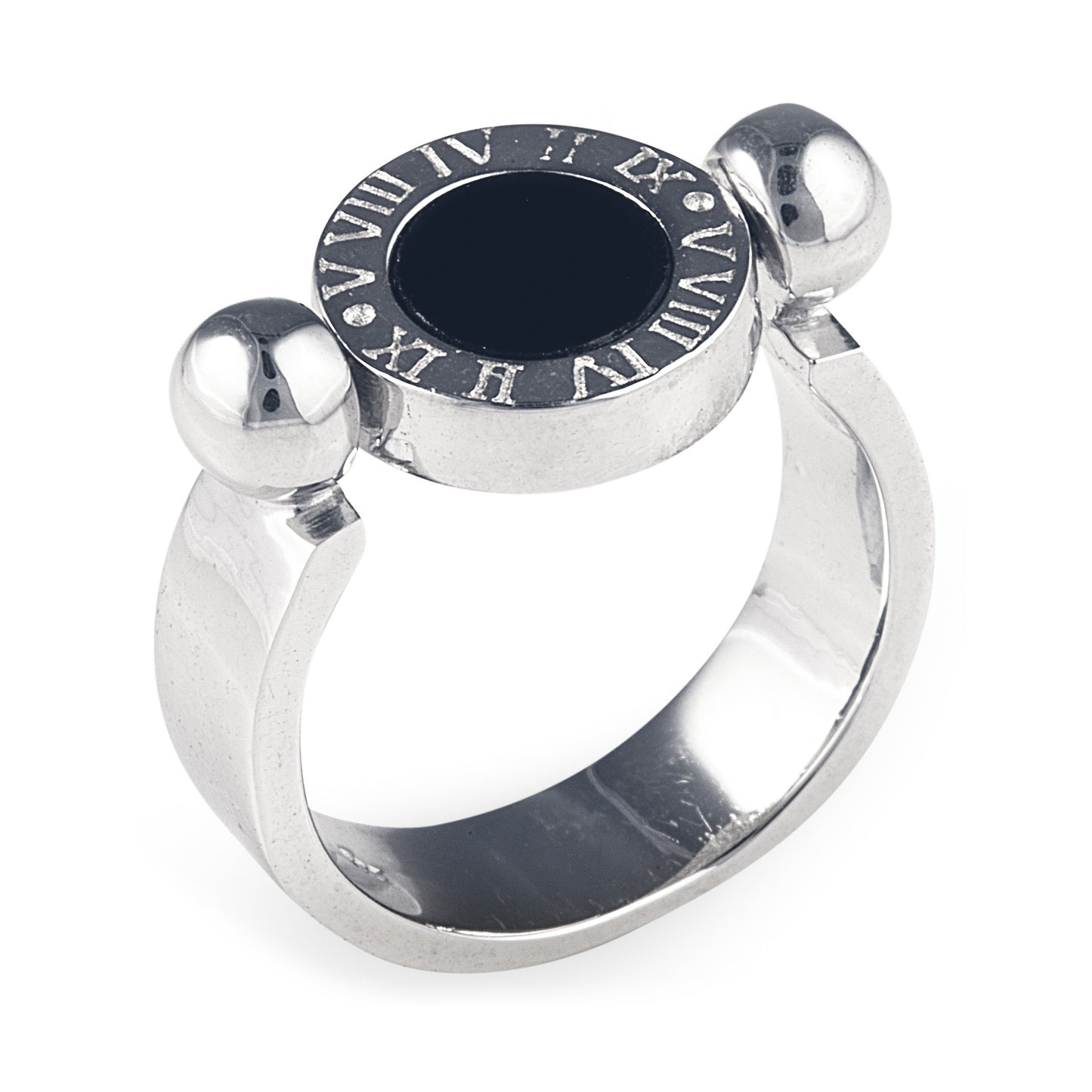 Sasha Fierce Ring in 925 Sterling Silver with double sided feature, black onyx and cubic zirconia surrounded by Roman numerals. Worldwide Shipping. Shop rings and luxury jewellery at affordable prices by Bellagio & Co. Designed in Australia. 