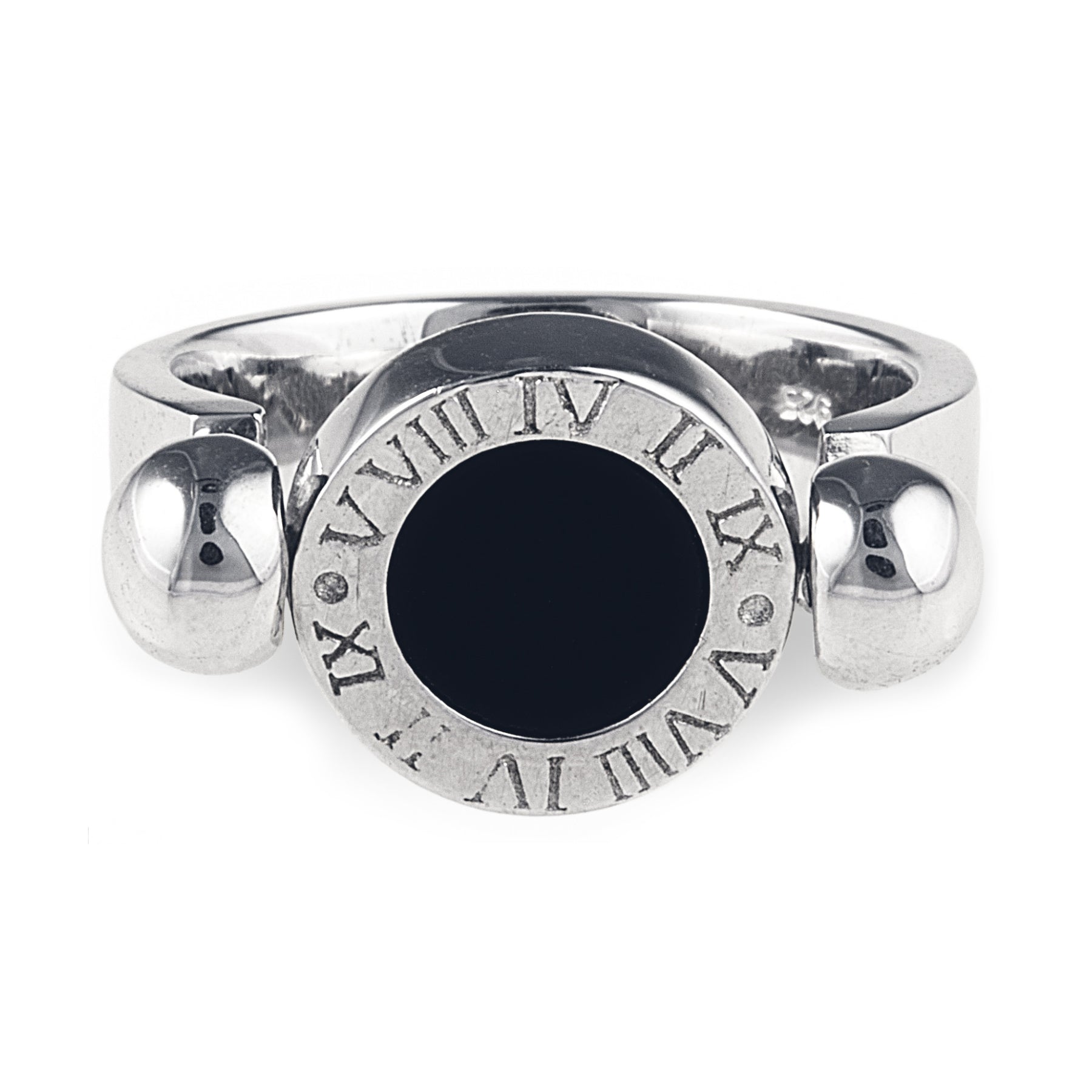 Sasha Fierce Ring in 925 Sterling Silver with double sided feature, black onyx and cubic zirconia surrounded by Roman numerals. Worldwide shipping.