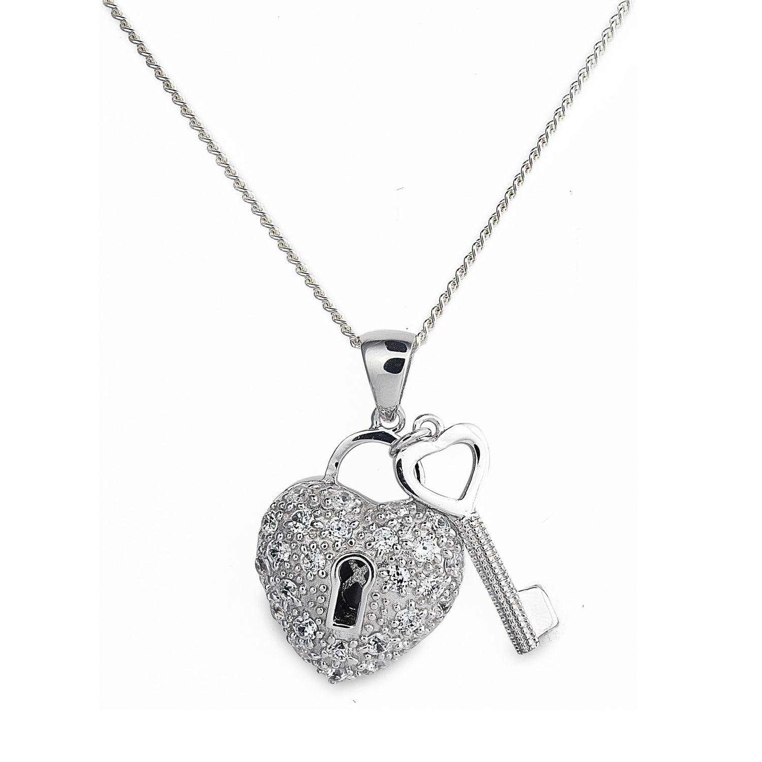 Secret Heart Necklace in 925 sterling silver, heart pendant encrusted with sparkling cubic zirconia stones and key. Worldwide shipping. Affordable luxury jewellery by Bellagio & Co.