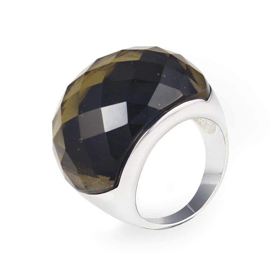 Smoky Delta Ring in 925 sterling silver with large facet-cut smoky obsidian. Worldwide shipping from Australia. Affordable luxury jewellery by Bellagio & Co.
