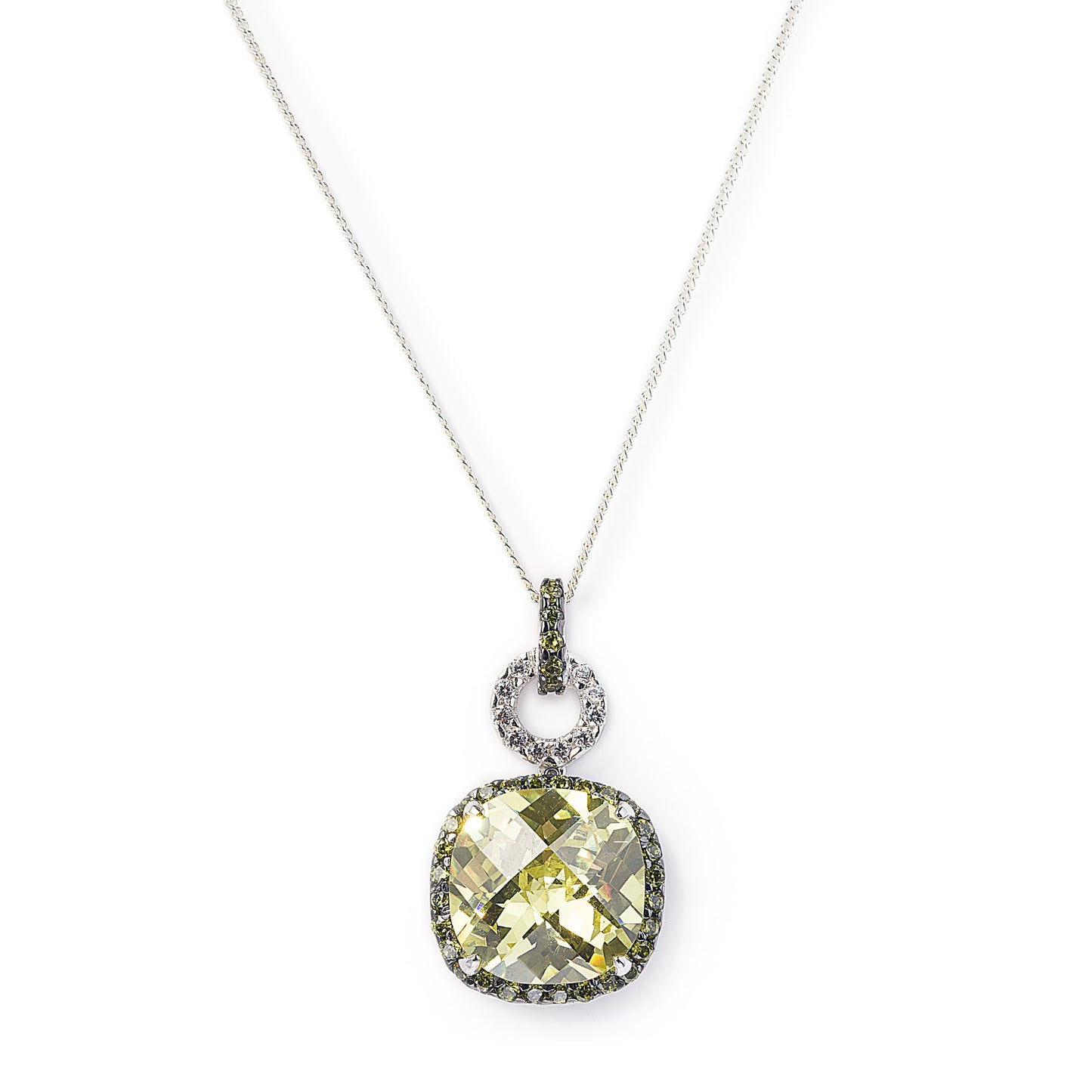 Antique Style 925 Sterling Silver necklace featuring a stunning Green Peridot stone surrounded by dainty black Cubic Zirconia Stones.