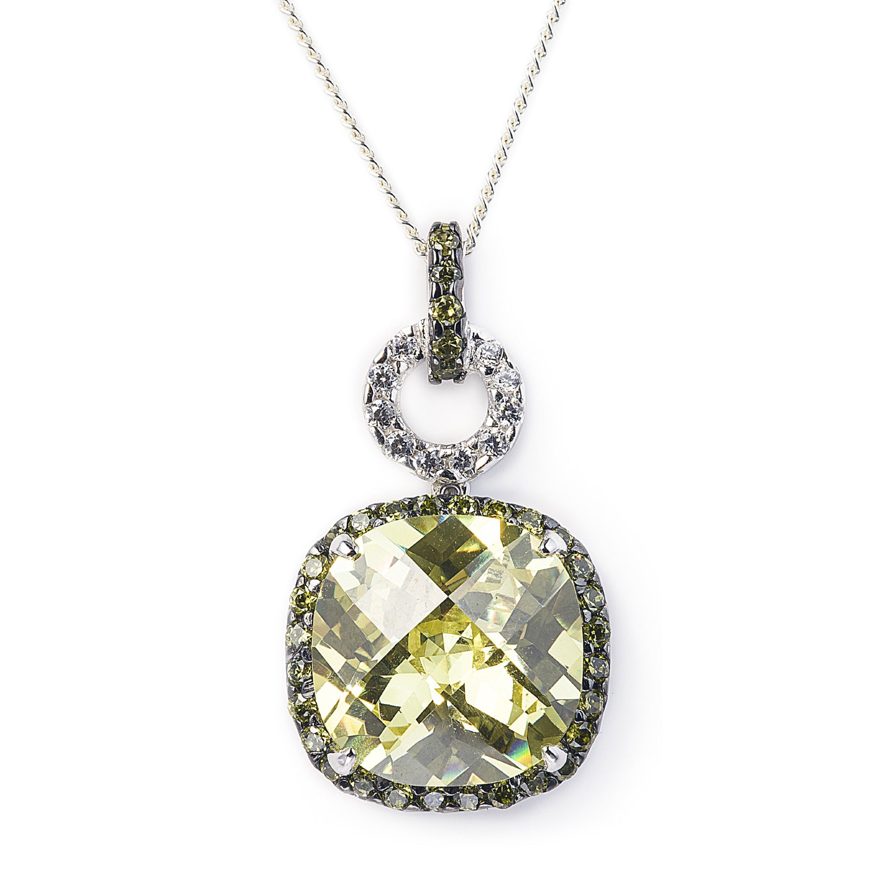 Antique Style 925 Sterling Silver necklace featuring a stunning Green Peridot stone surrounded by dainty black Cubic Zirconia Stones.