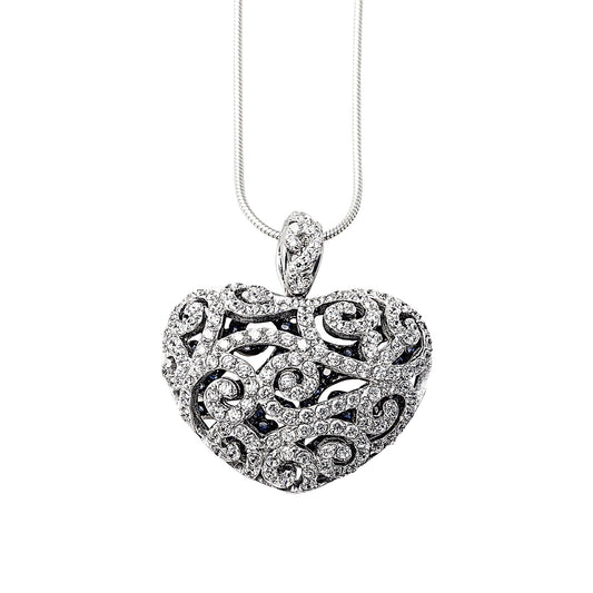 True Romance Necklace in 925 sterling silver. Hollow heart pendant encrusted with cubic zirconia stones. Worldwide shipping.