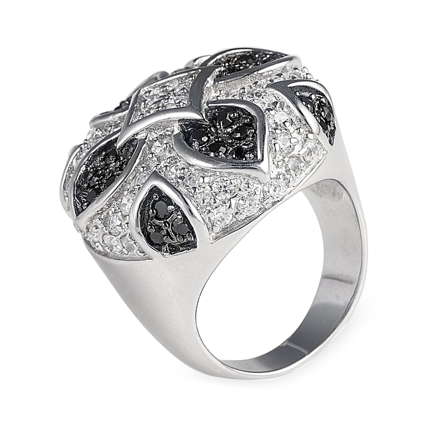 A Parisian work of art - this 925 Sterling Silver ring features a vintage geometric design dripping with black and clear facet cut Cubic Zirconia stones. Worldwide shipping.