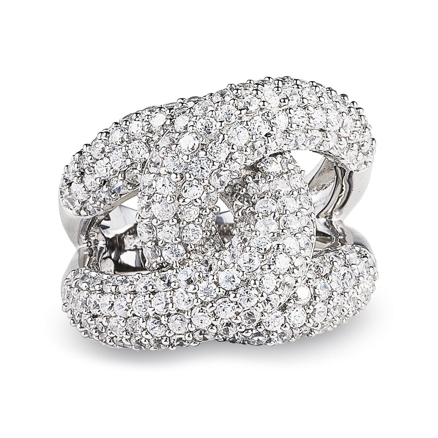 The stunning White Snow Coco Ring in 925 sterling silver features an overlapping knot design encrusted with cubic zirconia stones. Worldwide shipping. Affordable luxury jewellery by Bellagio & Co.