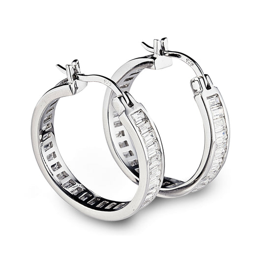Glamorous Large Charlotte Hoop Earrings in 925 sterling silver with baguette-cut cubic zirconia stones. Approx 28mm in diameter. Add instant elegance to any look. Worldwide shipping + FREE shipping within Australia ($150+ spend). Affordable luxury jewellery by Bellagio & Co.