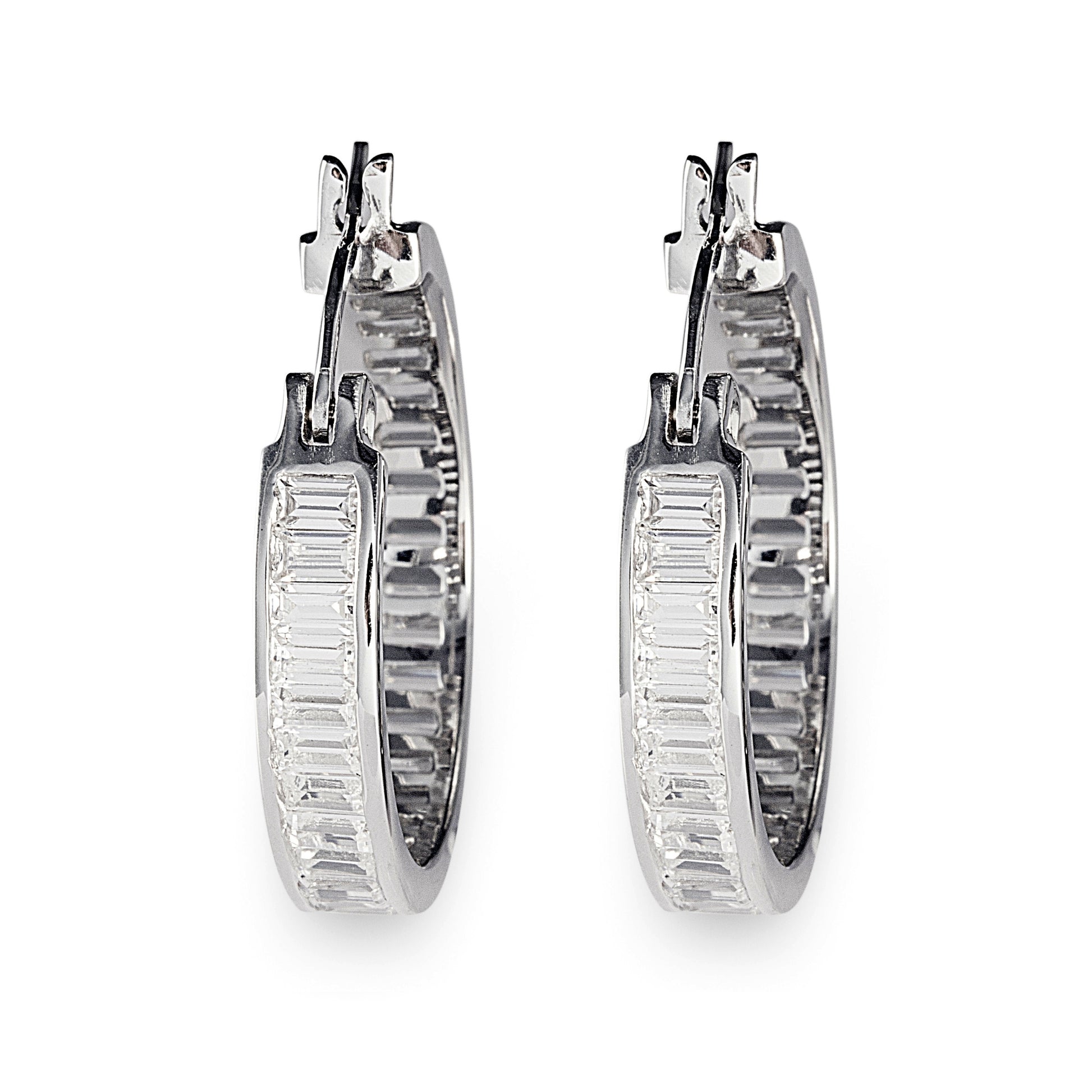 Glamorous Large Charlotte Hoop Earrings in 925 sterling silver with baguette-cut cubic zirconia stones. Approx 28mm in diameter. Add instant elegance to any look. Worldwide shipping + FREE shipping within Australia ($150+ spend)